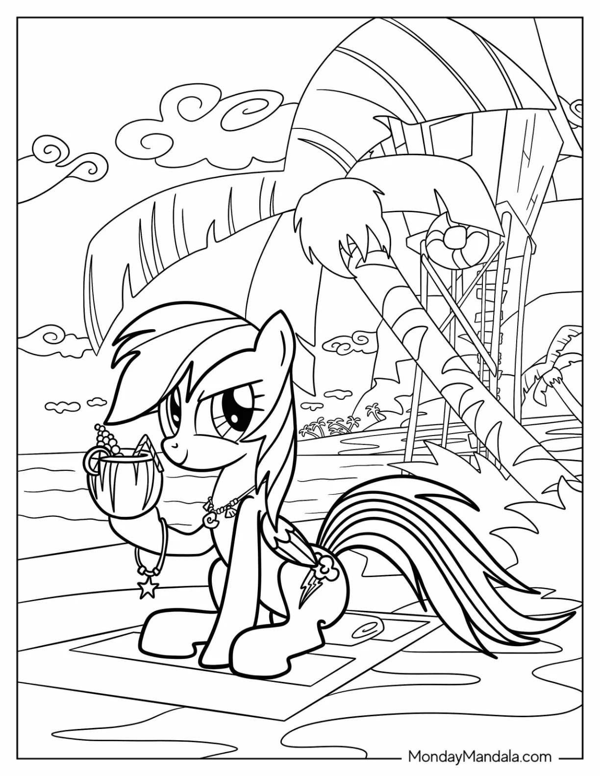 Rainbow Dash Coloring Page Holding Up Coconut Drink At The Beach coloring page
