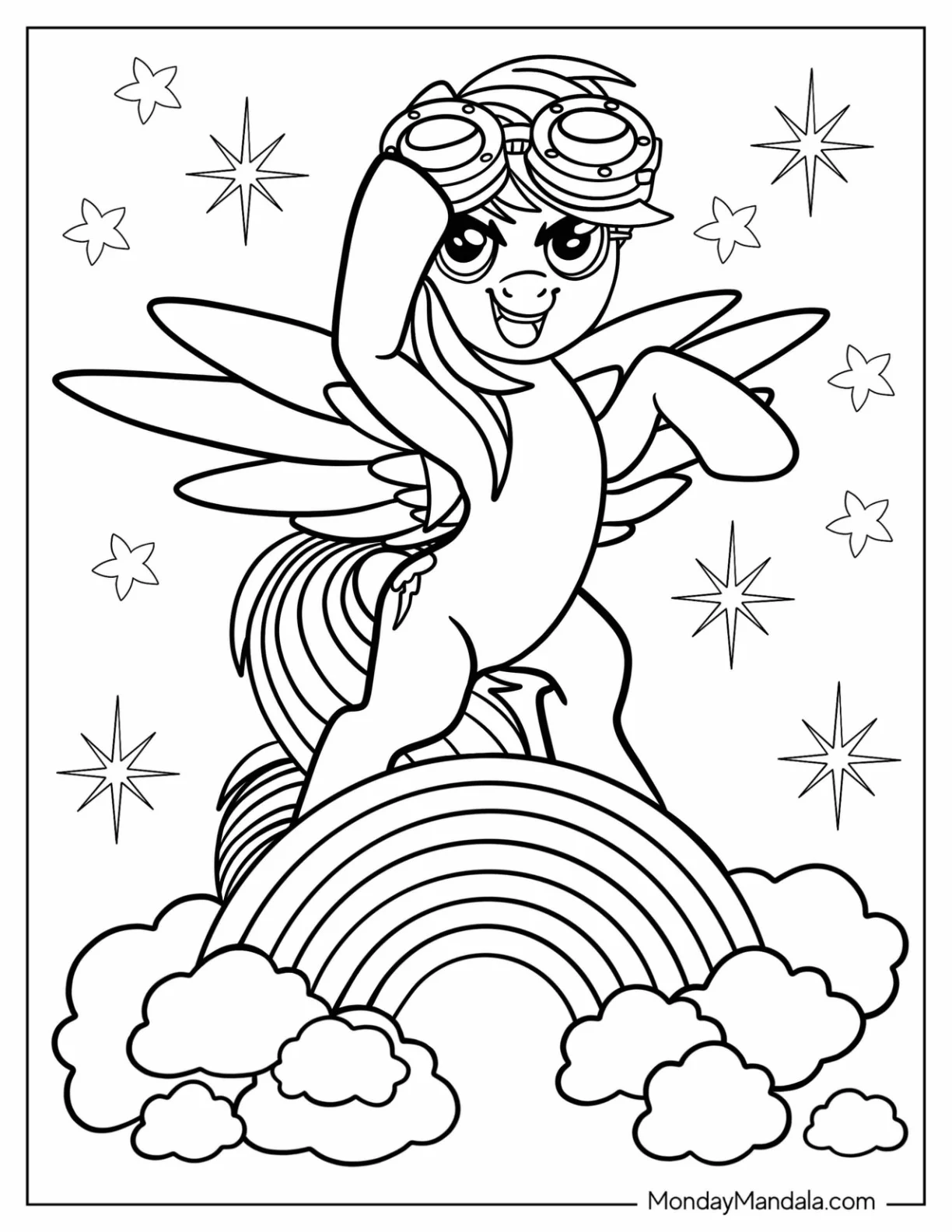 Rainbow Dash Coloring Page Standing On A Rainbow With Aviation Goggles coloring page