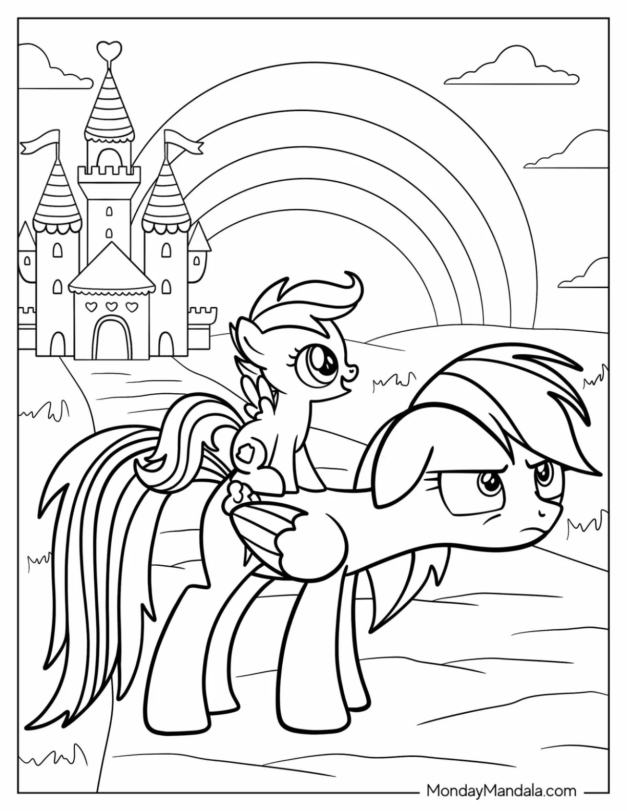 Scootaloo Sitting On Rainbow Dash Coloring Page coloring page
