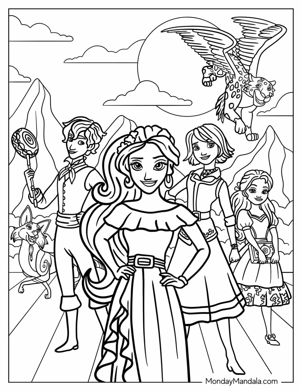 Elena Of Avalor Coloring Page With Mateo, Naomi, Isabel, Zuzo, And Migs coloring page