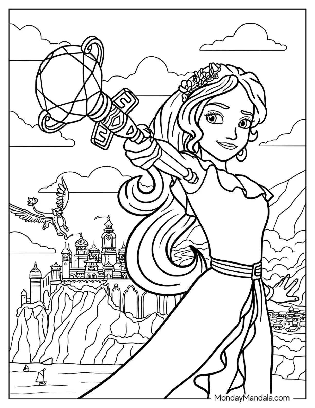 Princess Elena Of Avalor Coloring Page Pointing Her Magical Scepter coloring page