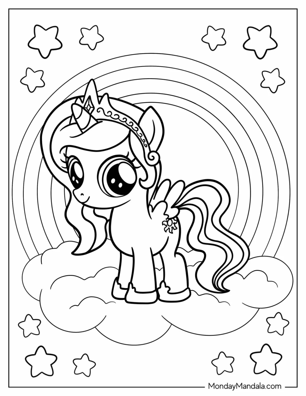 Cute Chibi Princess Celestia Coloring Page With Rainbow In The Background coloring page