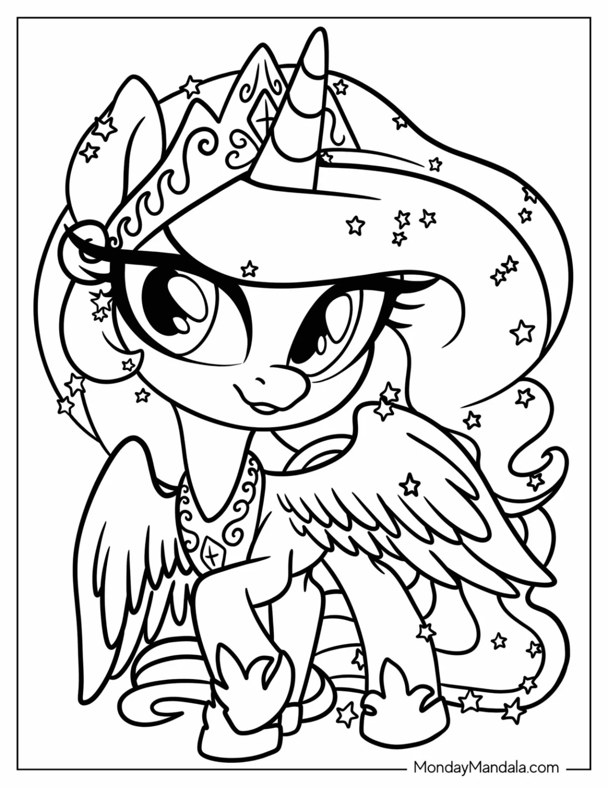 Kawaii Princess Celestia Coloring Page With Stars For Preschoolers coloring page