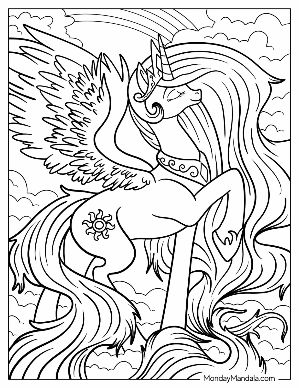 Majestic Princess Celestia Coloring Page Flying In The Clouds coloring page