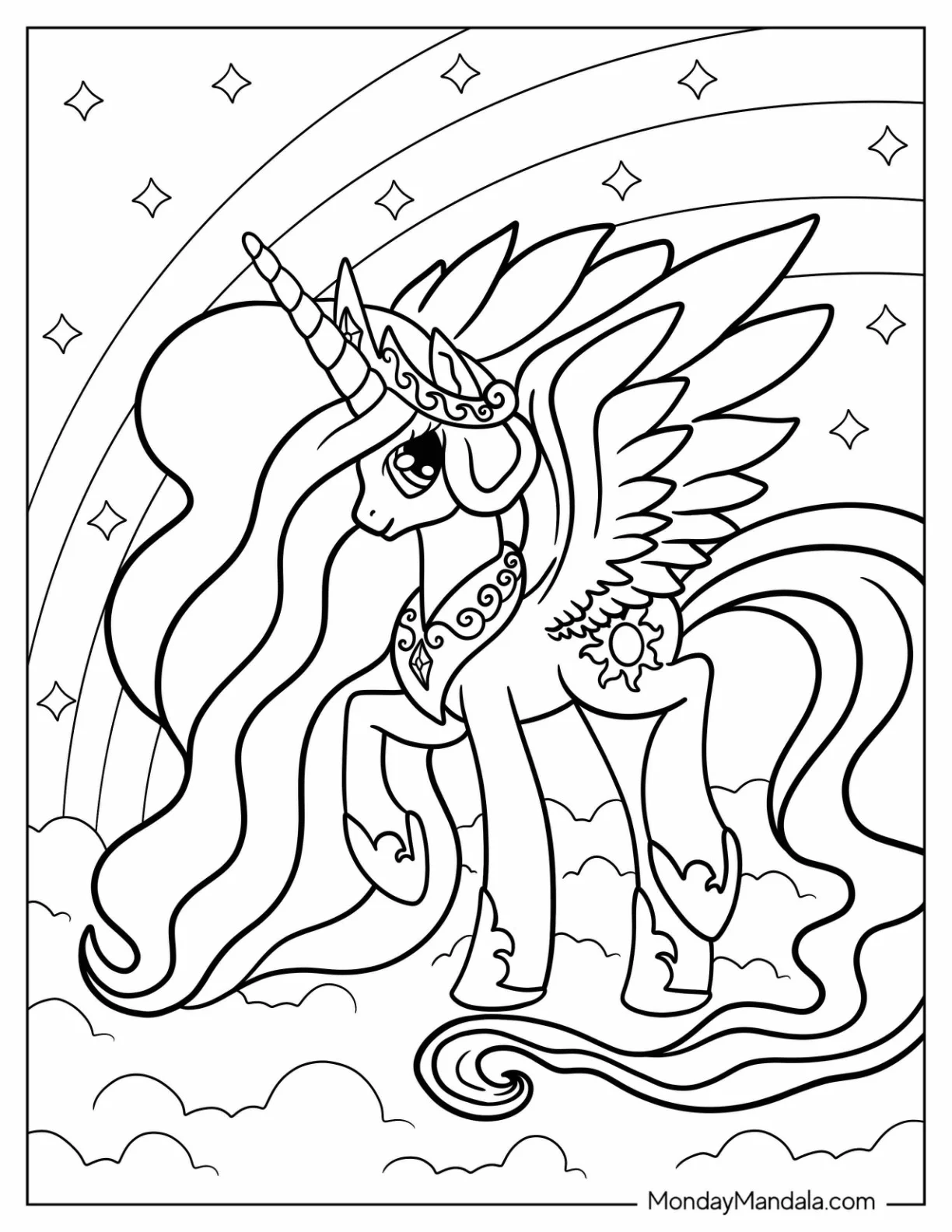 Pretty Princess Celestia Coloring Page Walking In The Clouds For Kids coloring page