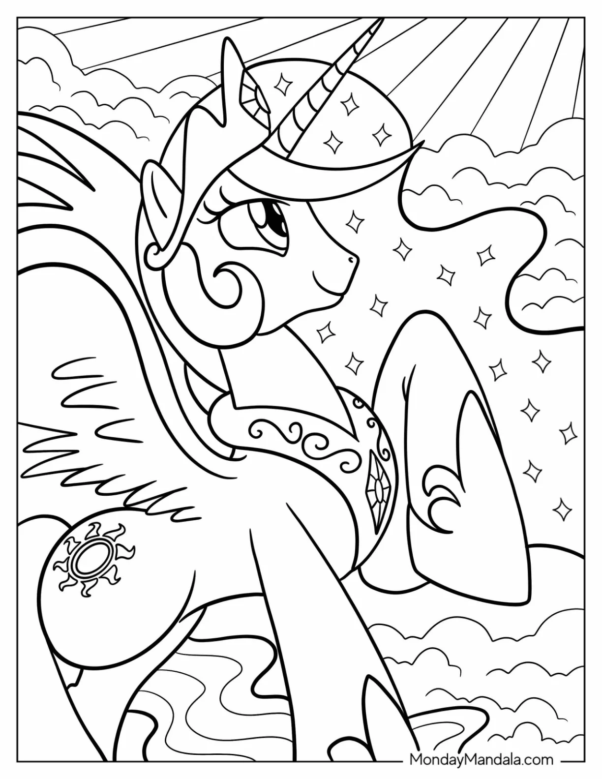 Princess Celestia Coloring Page Looking Up At The Sun coloring page