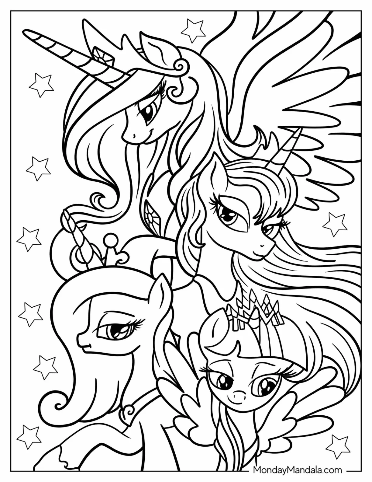 Princess Celestia Coloring Page, Luna, Cadence, And Twilight Sparkle coloring page