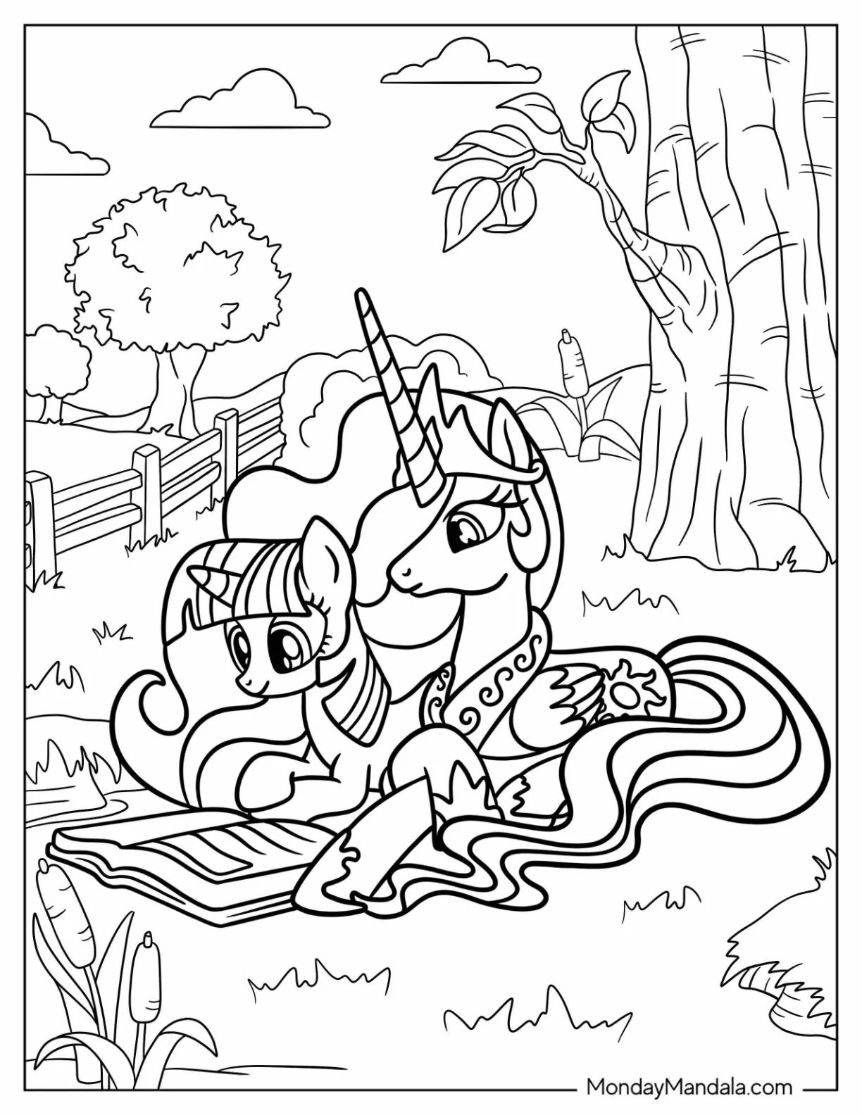 Princess Celestia Coloring Page Reading A Book With Twilight Sparkle coloring page