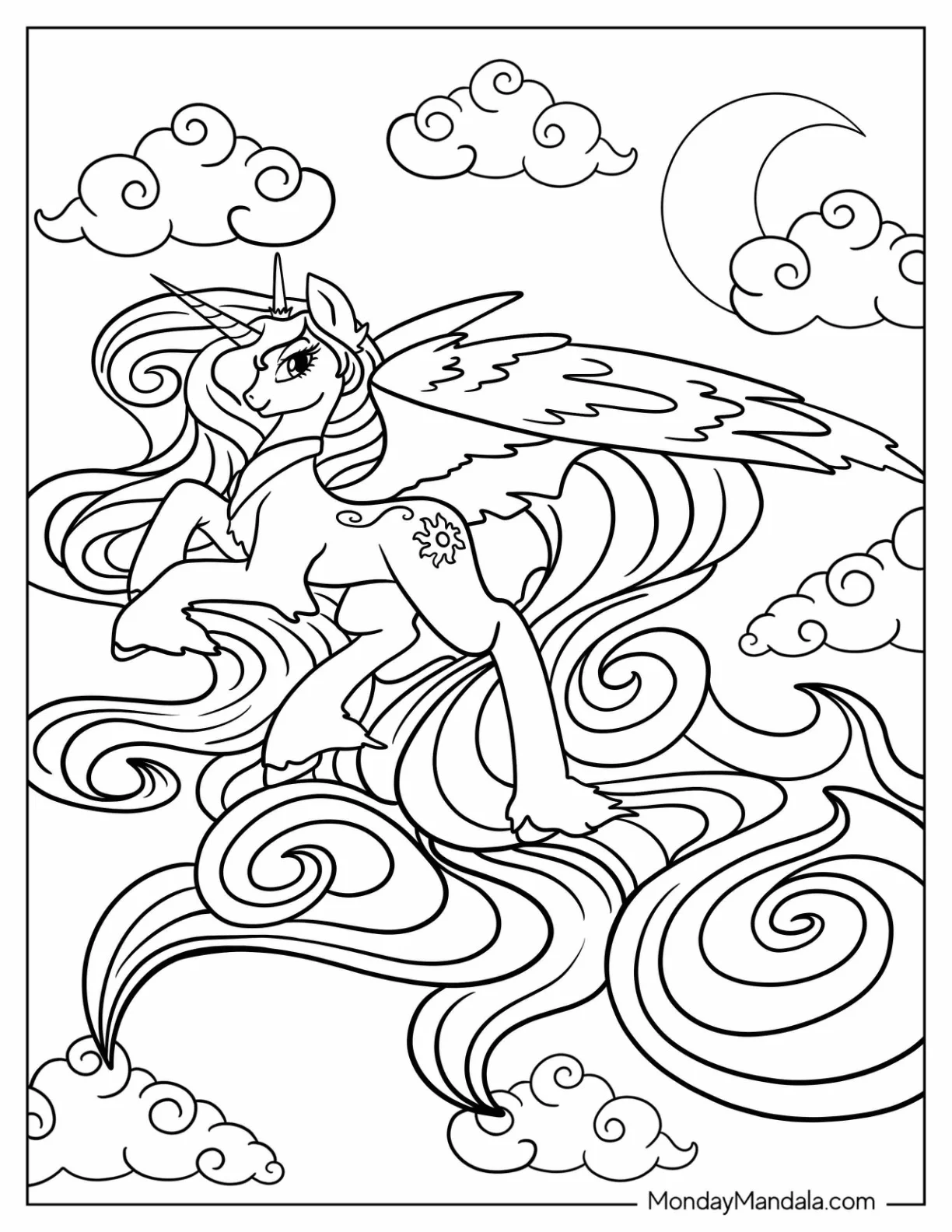 Princess Celestia Coloring Page With Flowing Mane In The Sky coloring page