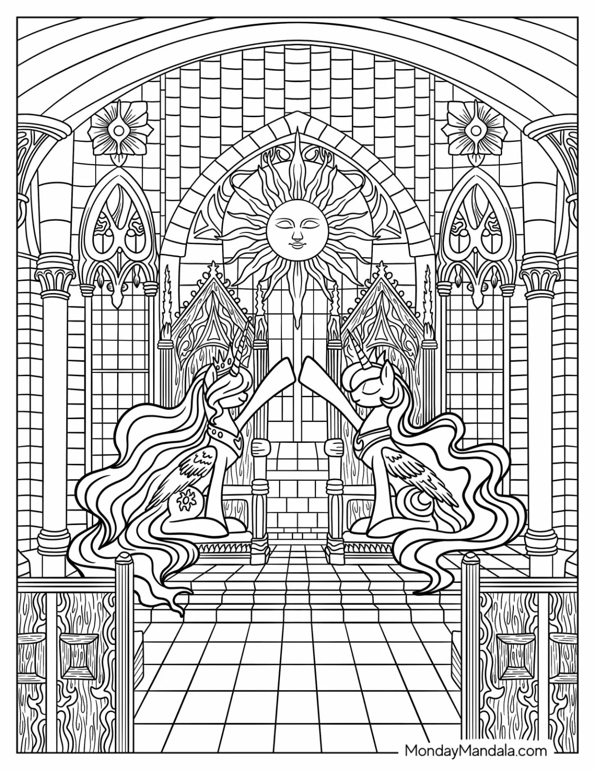 Detailed Princess Luna Coloring Page And Princess Celestia On The Throne coloring page