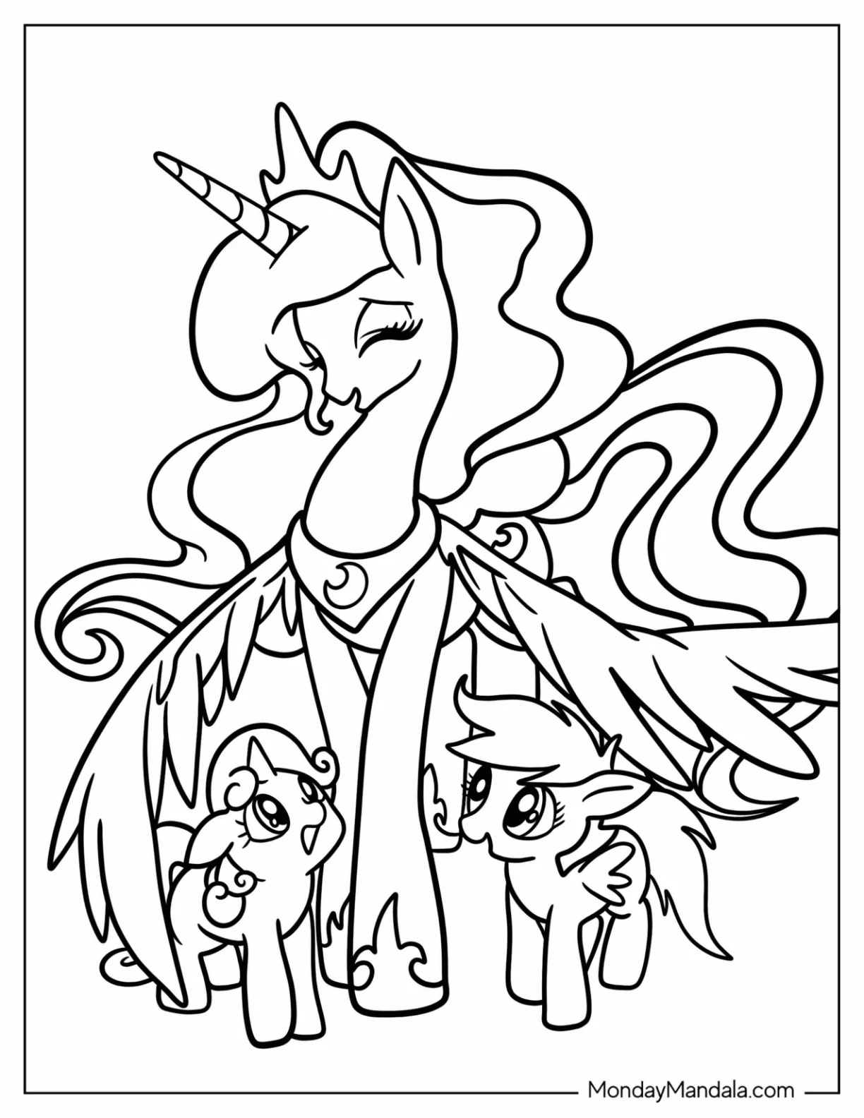 Easy Princess Luna Coloring Page With Sweetie Belle And Fluttershy For Kids coloring page