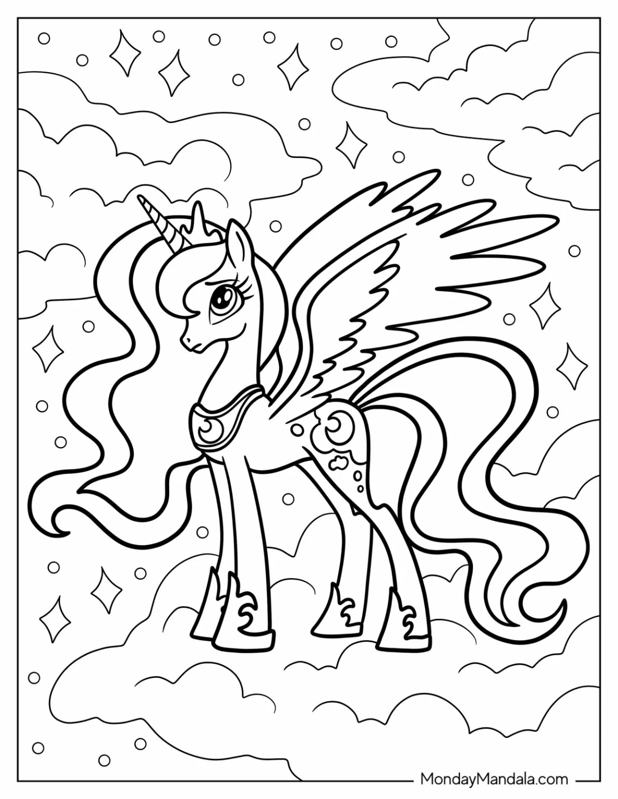 Elegant Princess Luna Coloring Page Standing On A Cloud coloring page