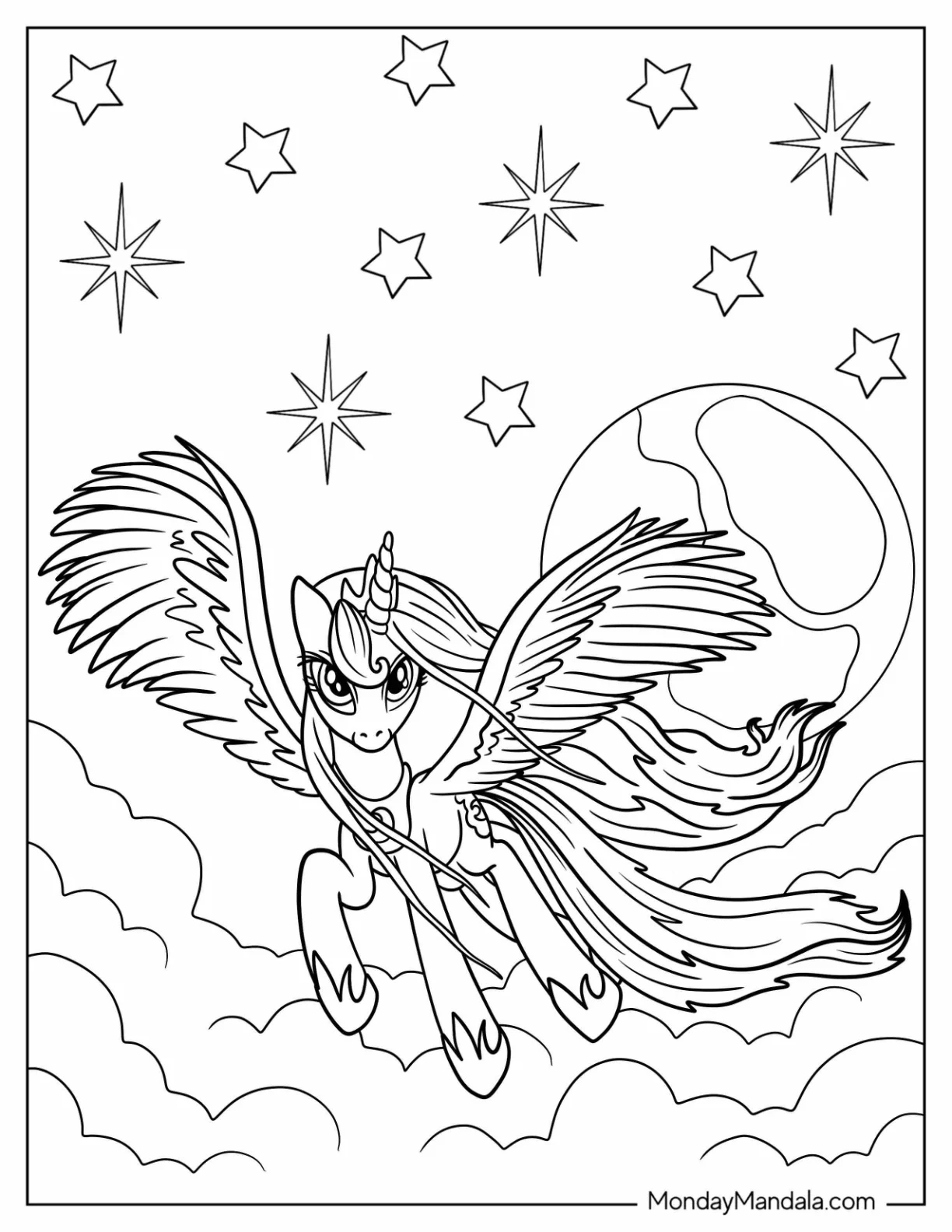 Princess Luna Coloring Page Flying In Front Of A Full Moon coloring page