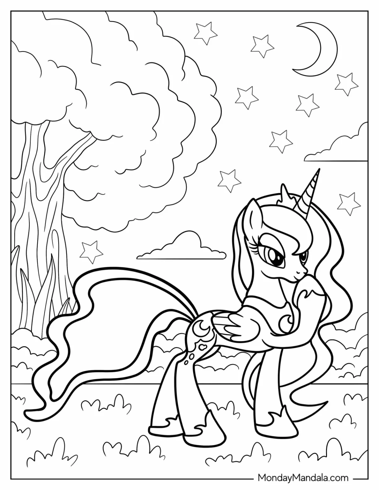 Princess Luna Coloring Page In The Forest At Night coloring page
