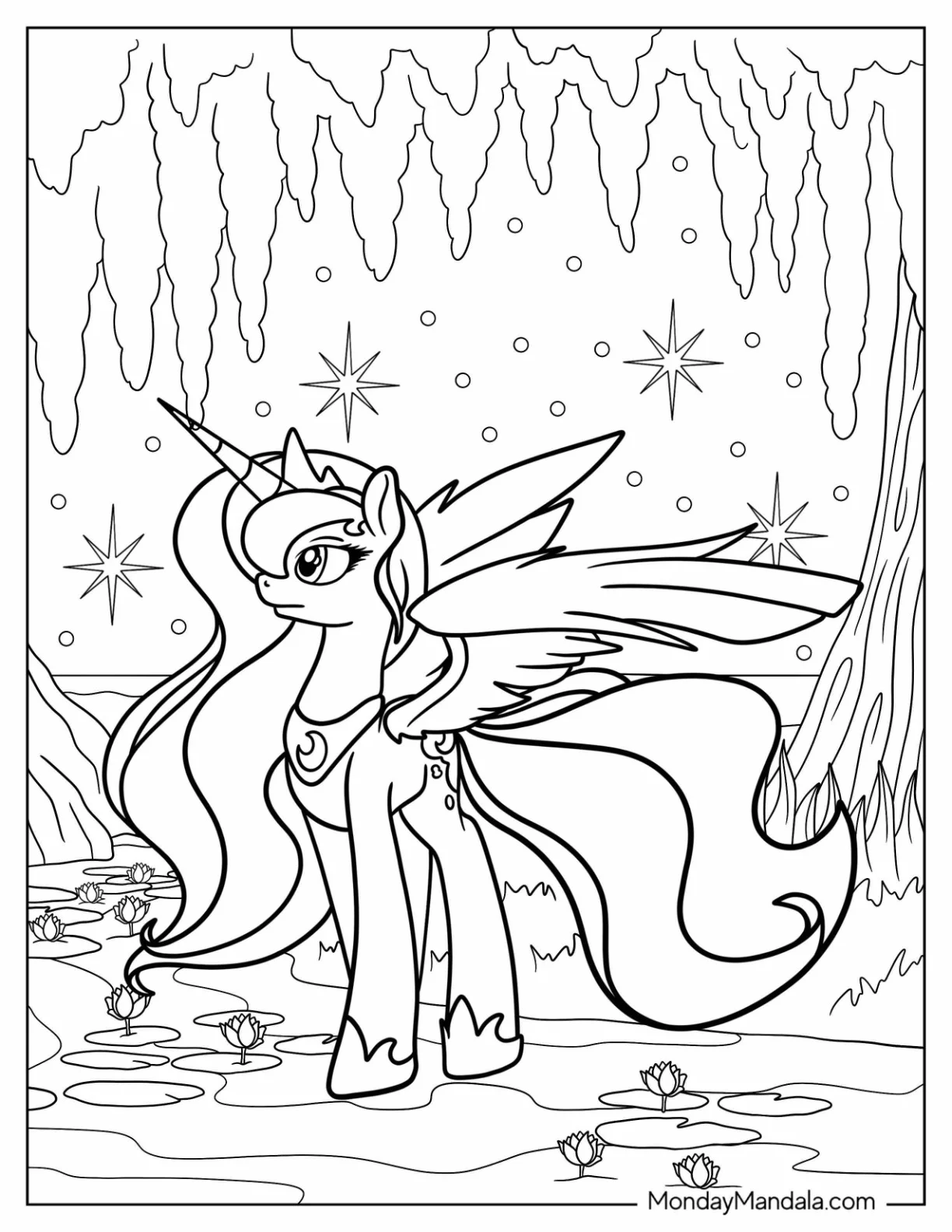 Princess Luna Coloring Page Standing In A Forest coloring page