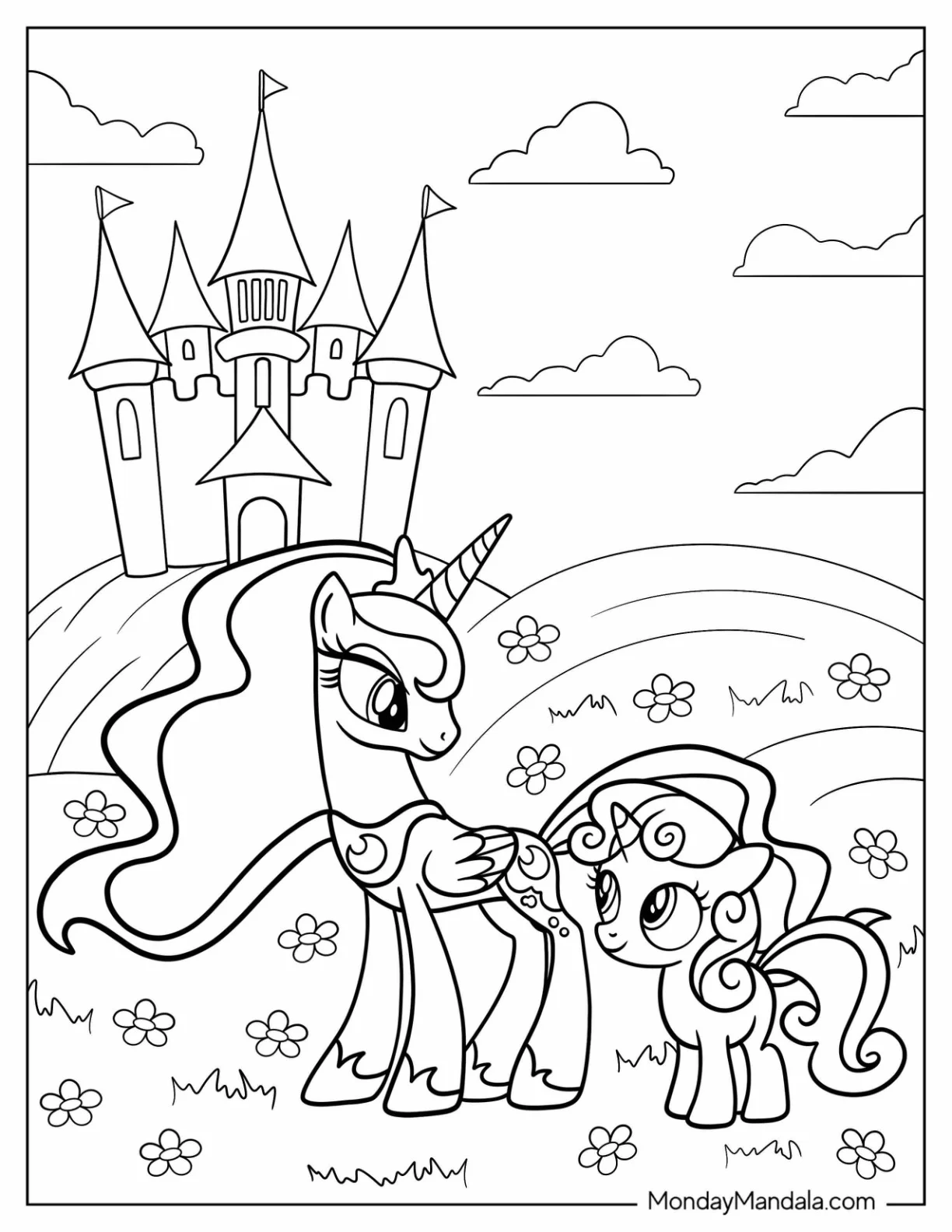 Princess Luna Coloring Page Standing With Sweetie Belle In Flower Field coloring page