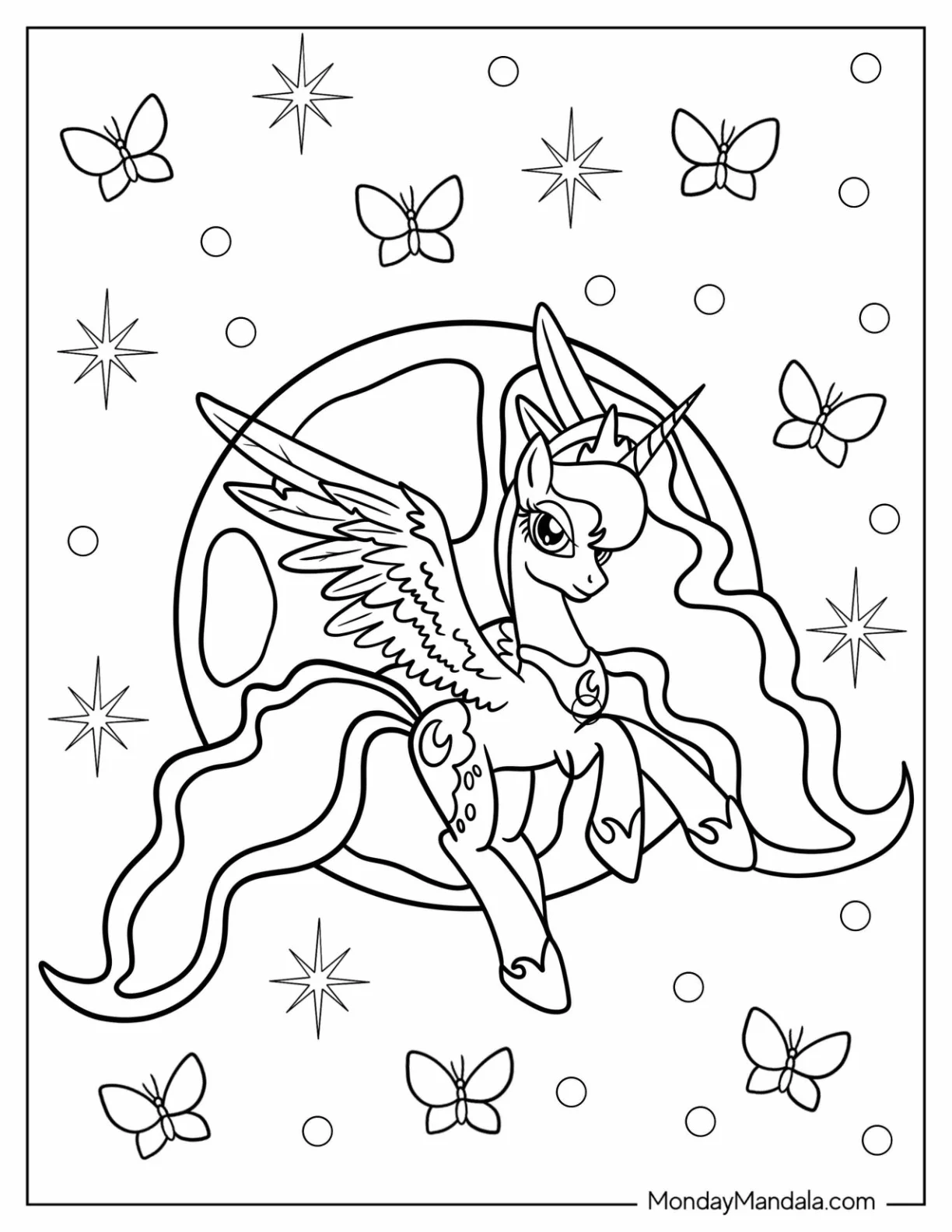 Princess Luna Coloring Page Surrounded By Stars And Butterflies coloring page