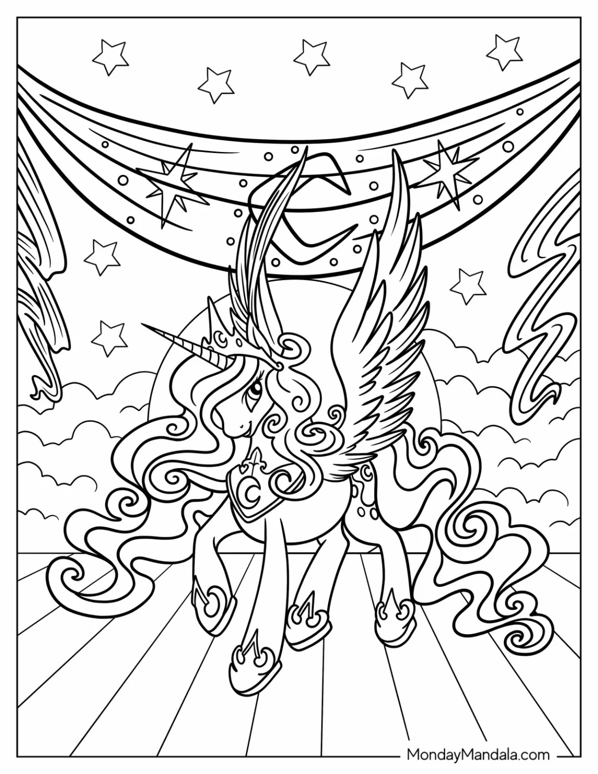 Princess Luna Coloring Page Wearing Crown With Starry Background coloring page
