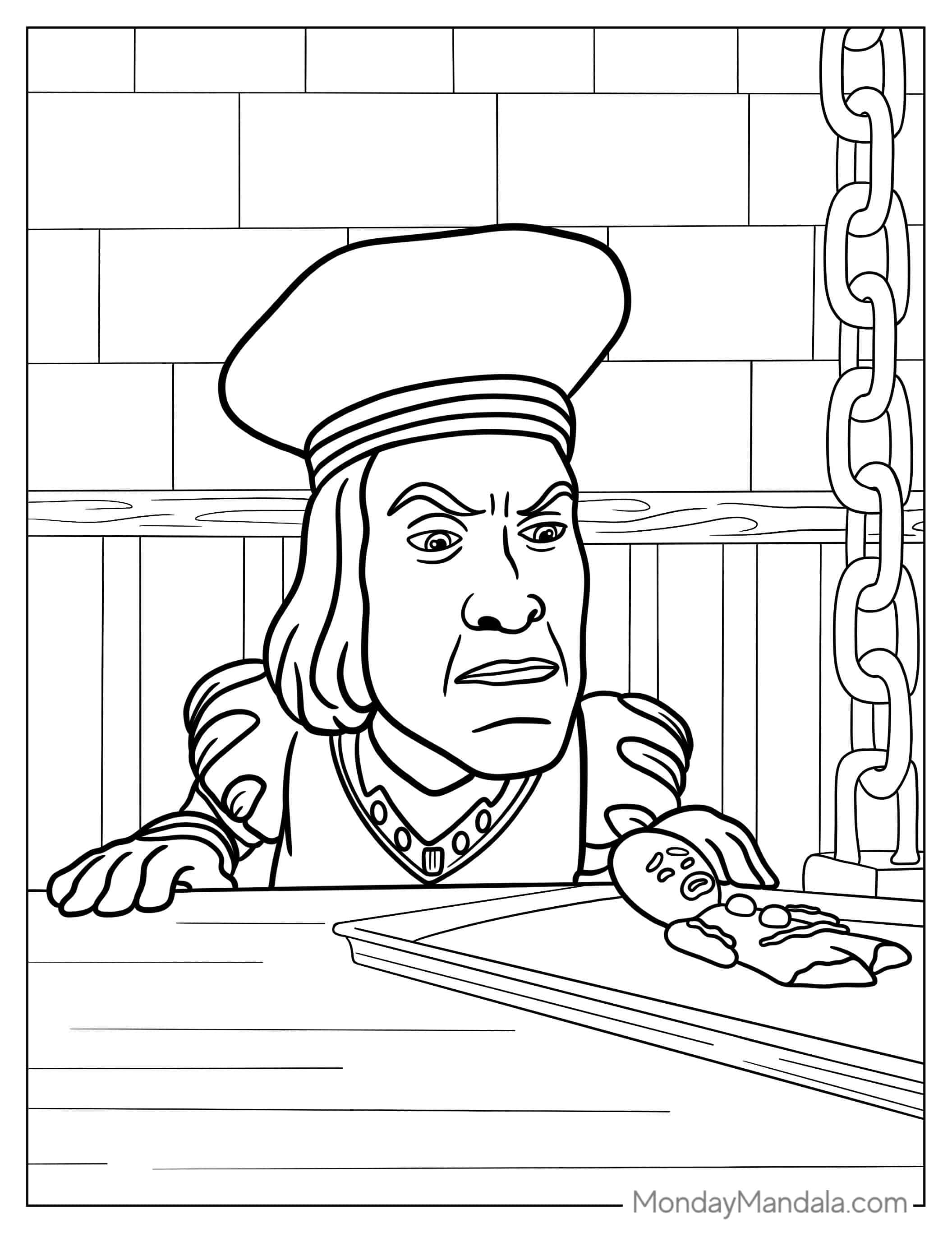 Lord Farguaad Tormenting Gingerbread Man coloring page — printable line art