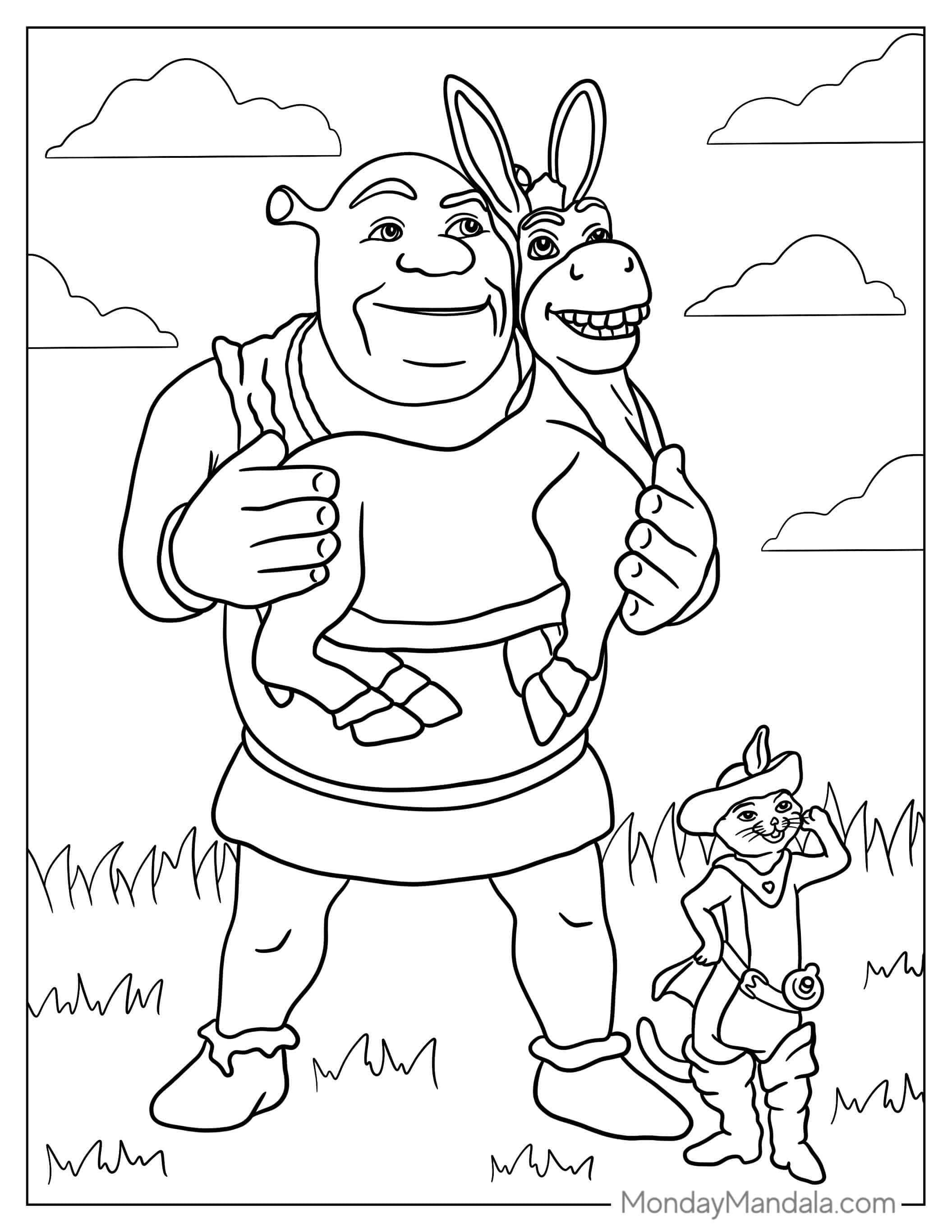 Shrek, Donkey And Puss In Boots To Color coloring page