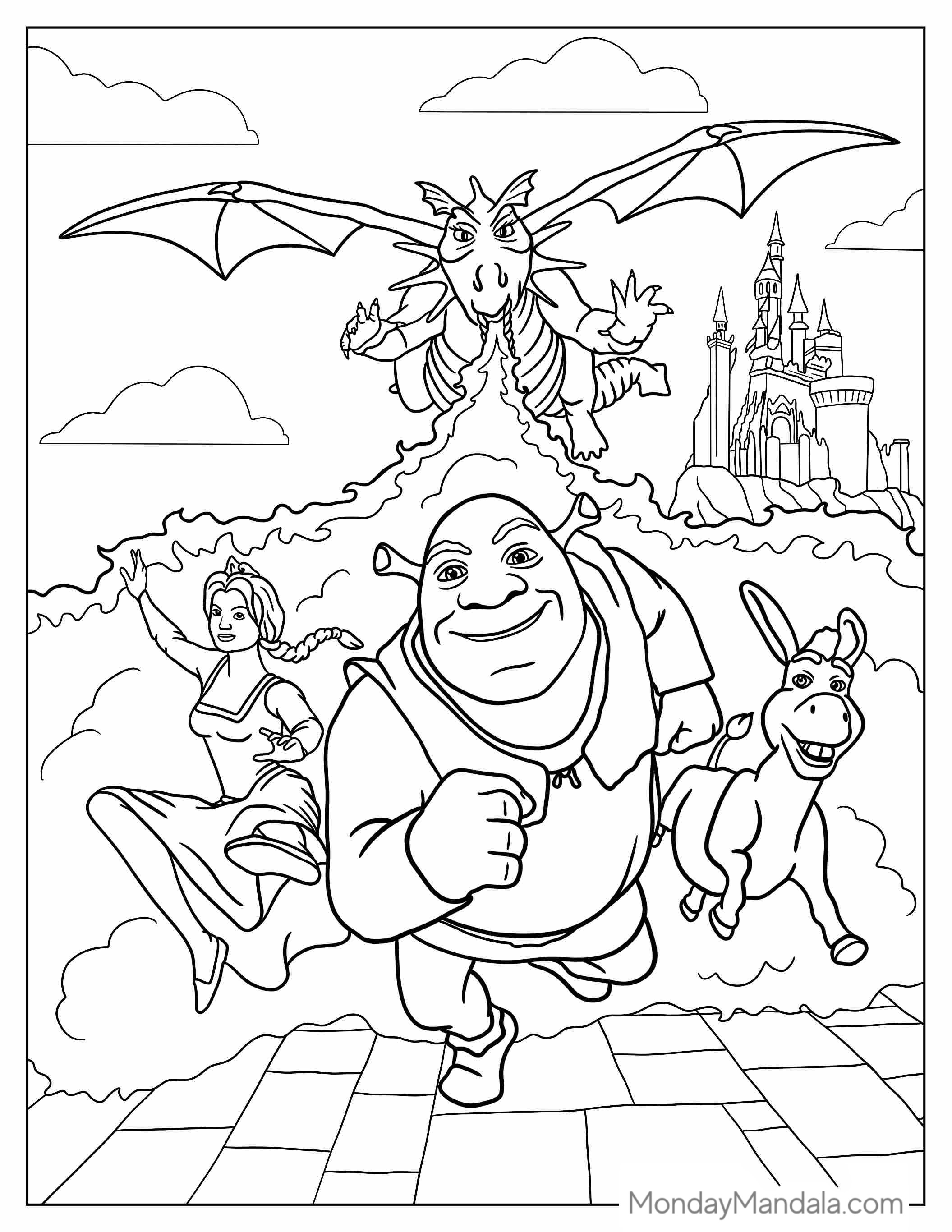 Shrek, Fiona And Donkey Running From Dragon coloring page