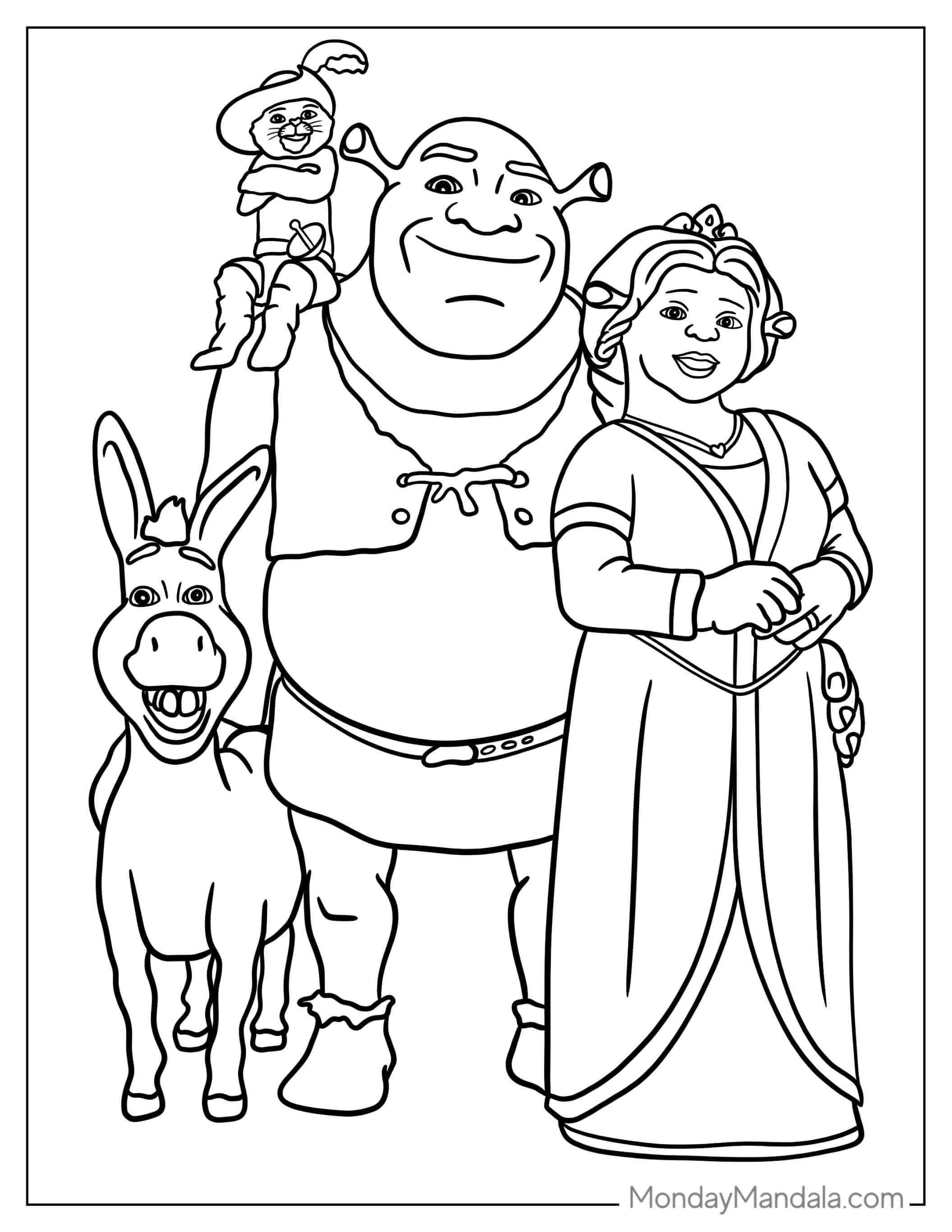Shrek With Fiona And Friends To Color coloring page