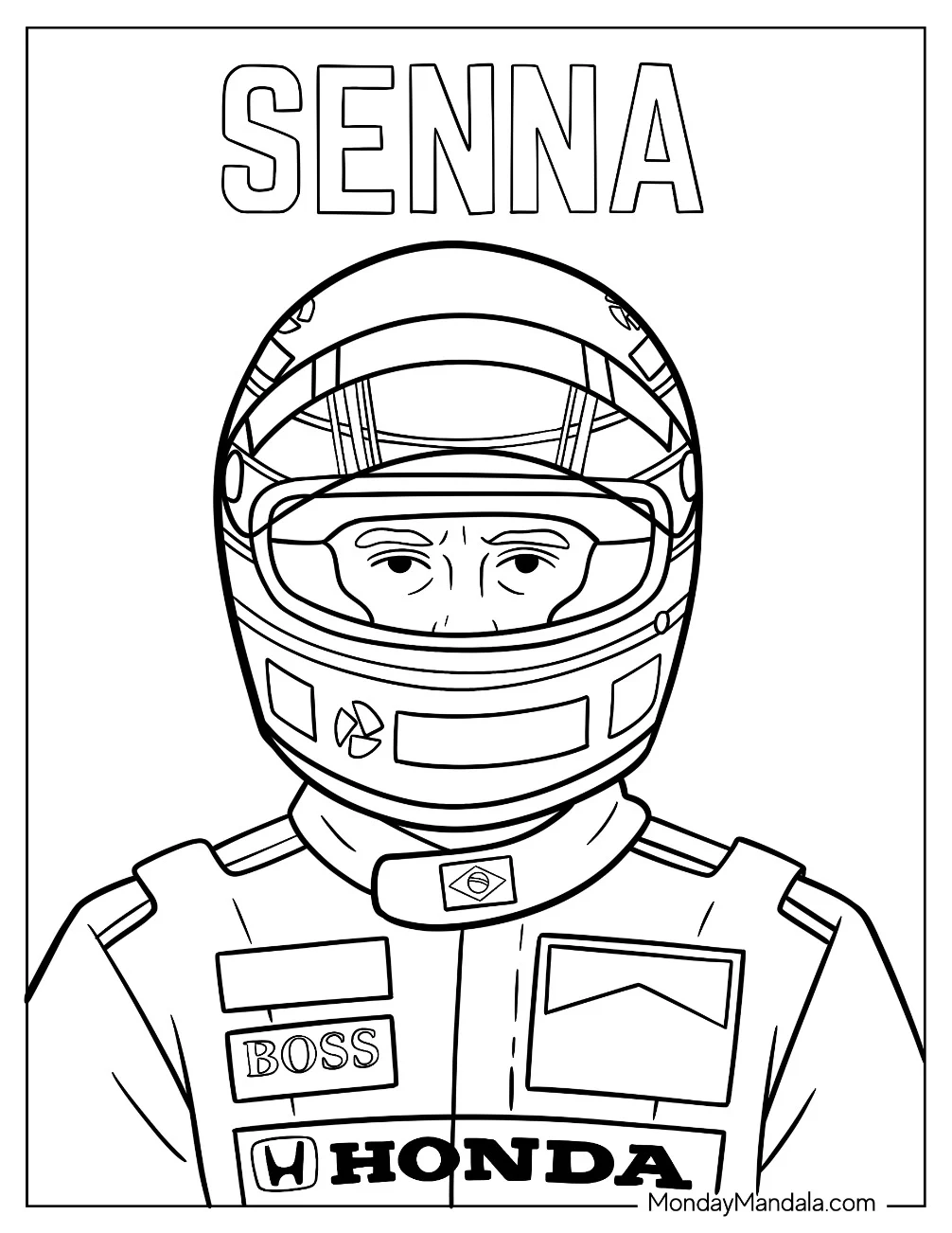 Ayrton Senna Wearing an F1 Racing Helmet Coloring Page coloring page — printable line art