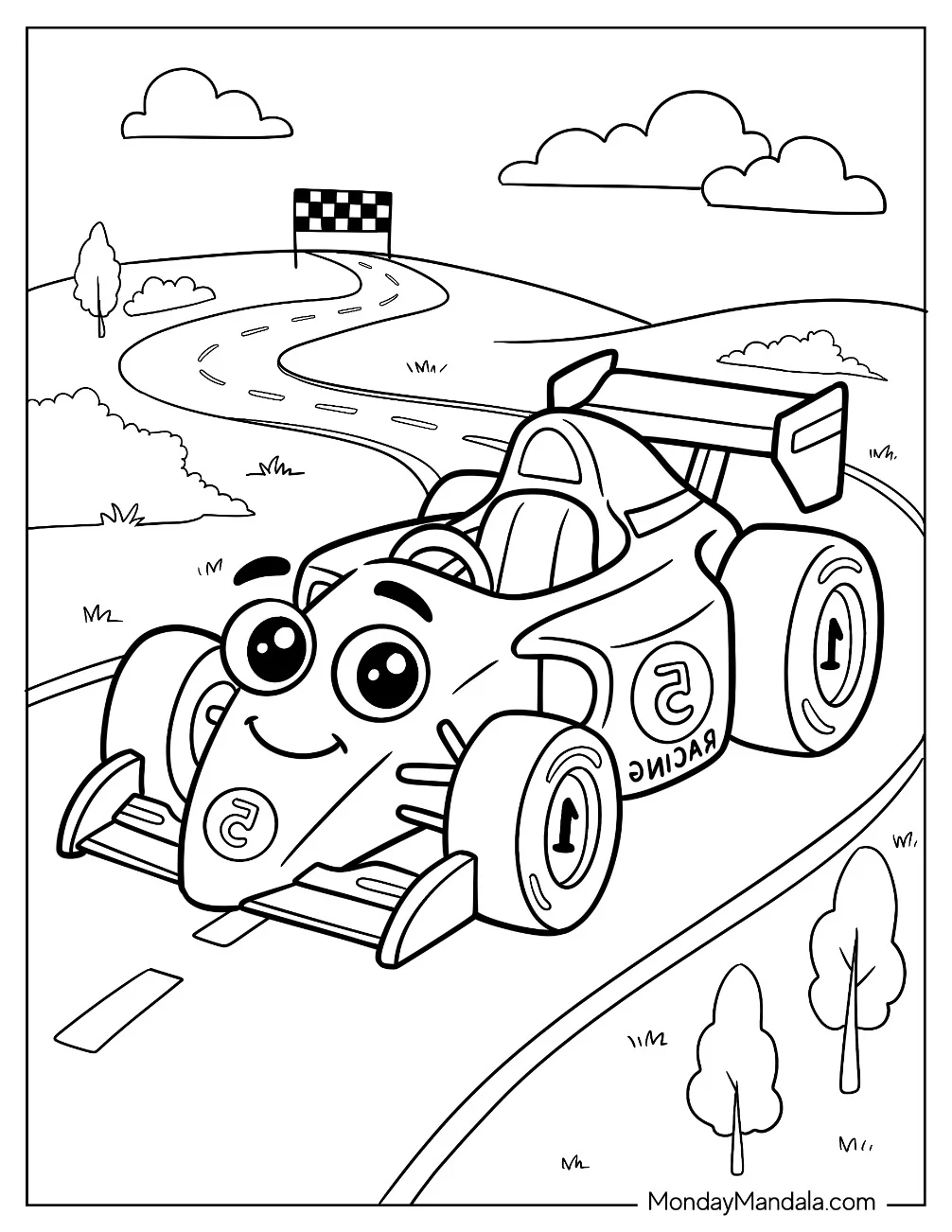 Cartoon F1 Car Driving Toward the Finish Line Coloring Page for Kids coloring page — printable line art