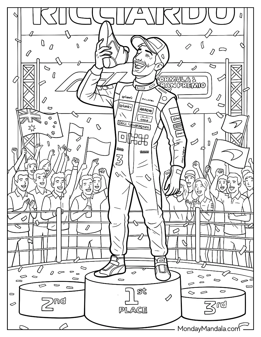 Daniel Ricciardo Celebrating on the F1 Podium coloring page