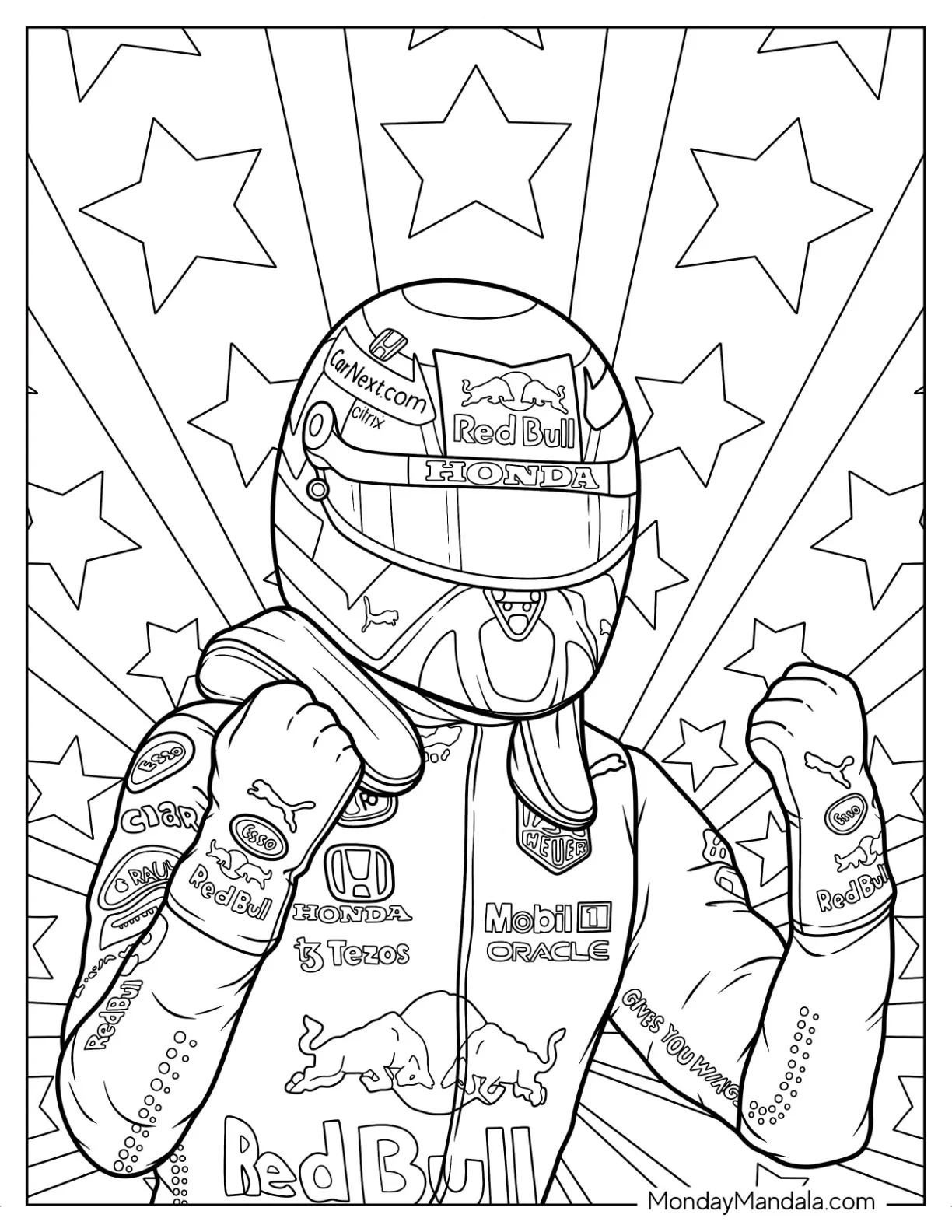 F1 Coloring Page Of Detailed Max Verstappen In Honda Helmet And Racing Gear coloring page — printable line art