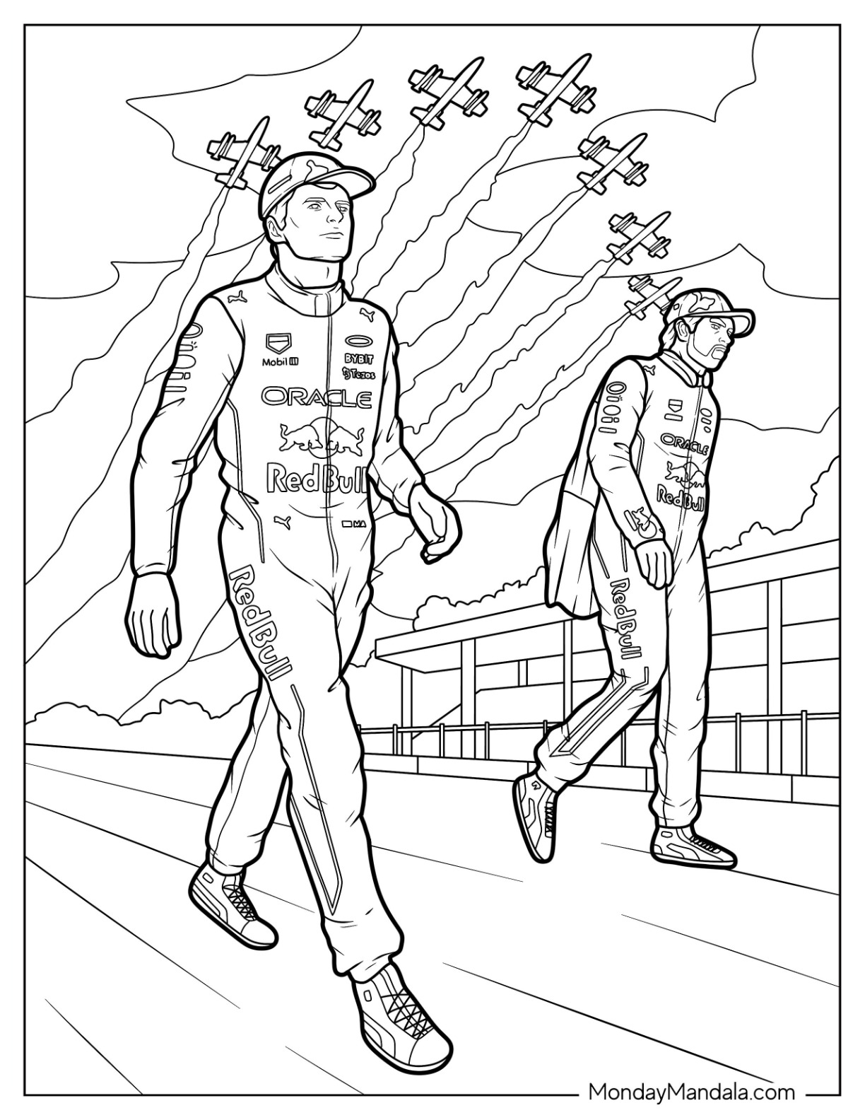F1 Coloring Page Of Realistic Oracle Red Bull Racers With Contrails In The Air coloring page — printable line art