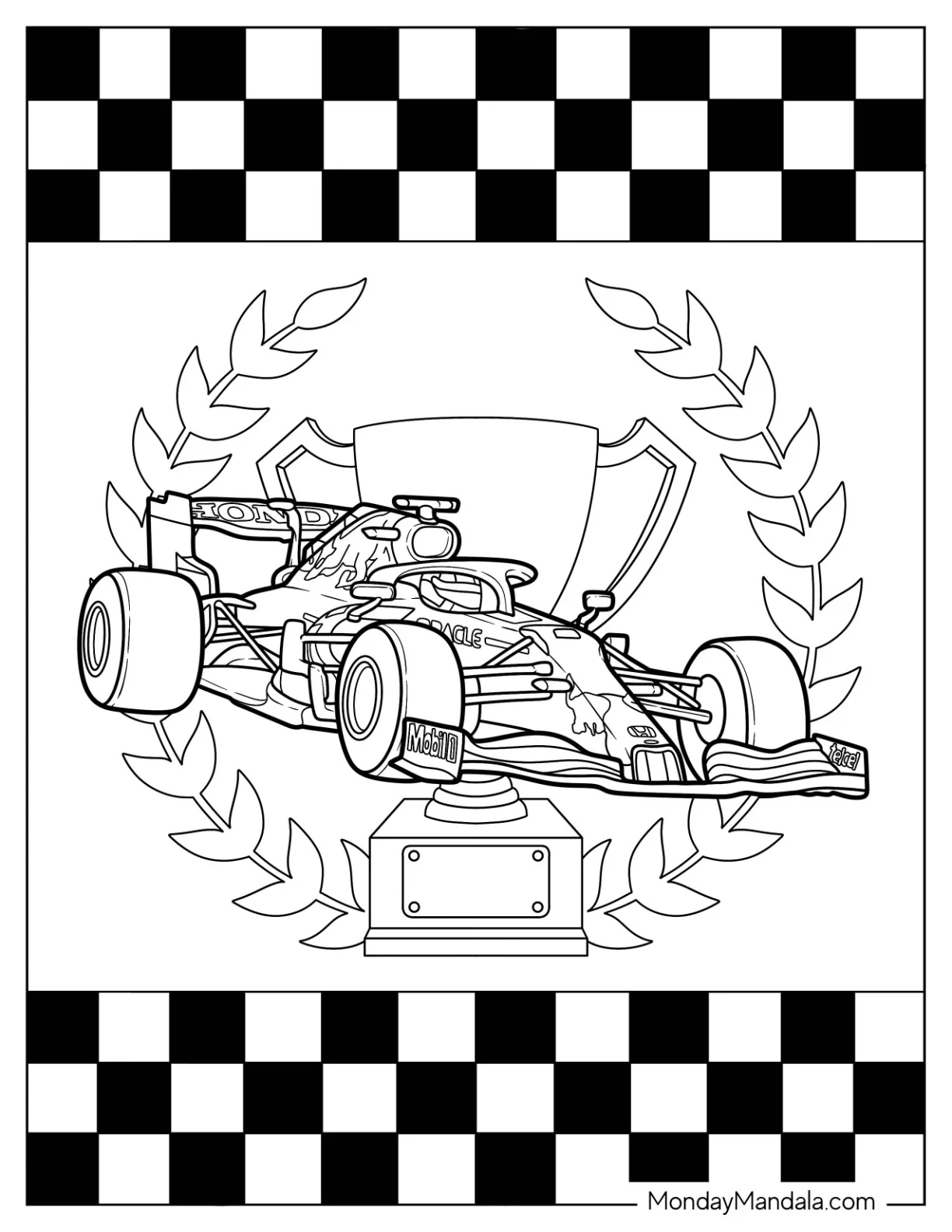 F1 Coloring Page Of Red Bull RB13 Race Car With Trophy In Background coloring page