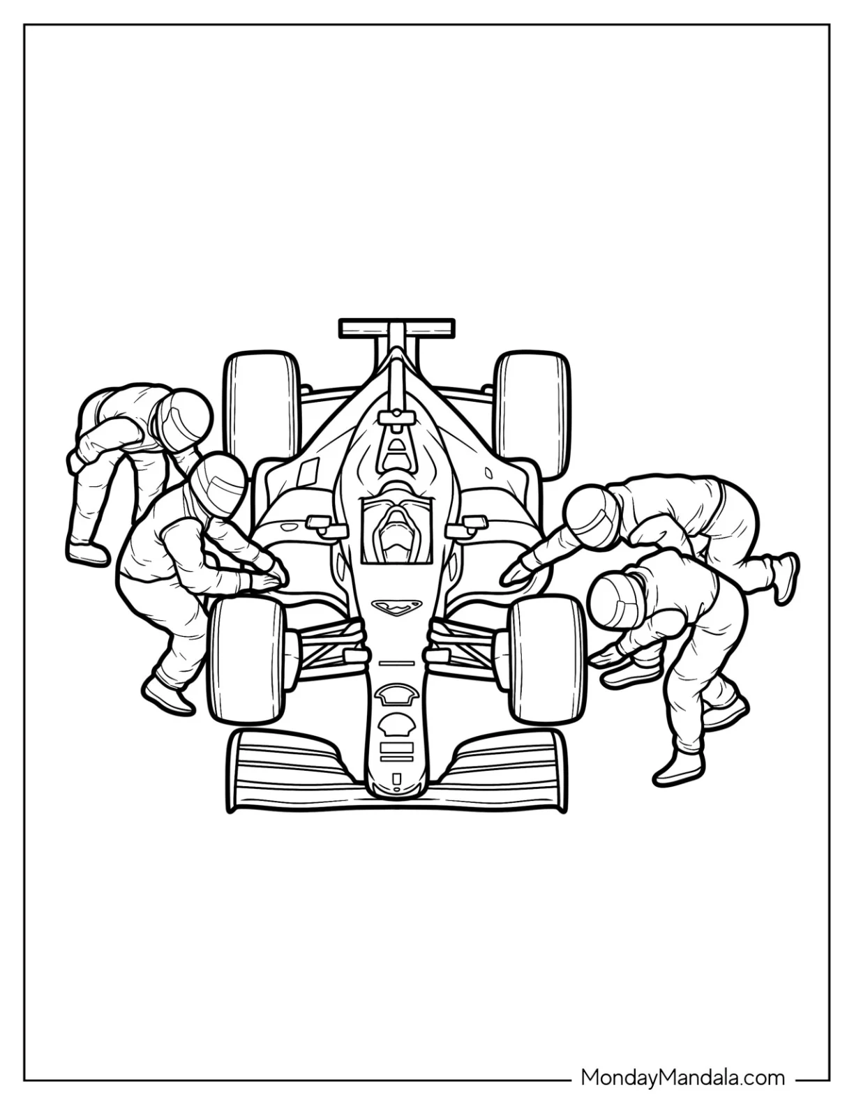 F1 Coloring Page Pit Stop Crew Servicing Race Car coloring page — printable line art