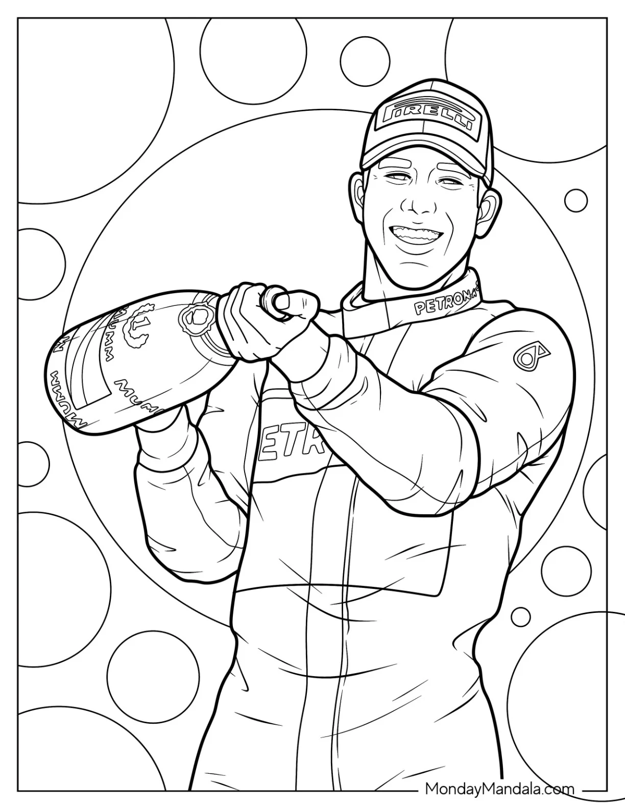 F1 Coloring Page Racer Lewis Hamilton Popping Champagne coloring page — printable line art