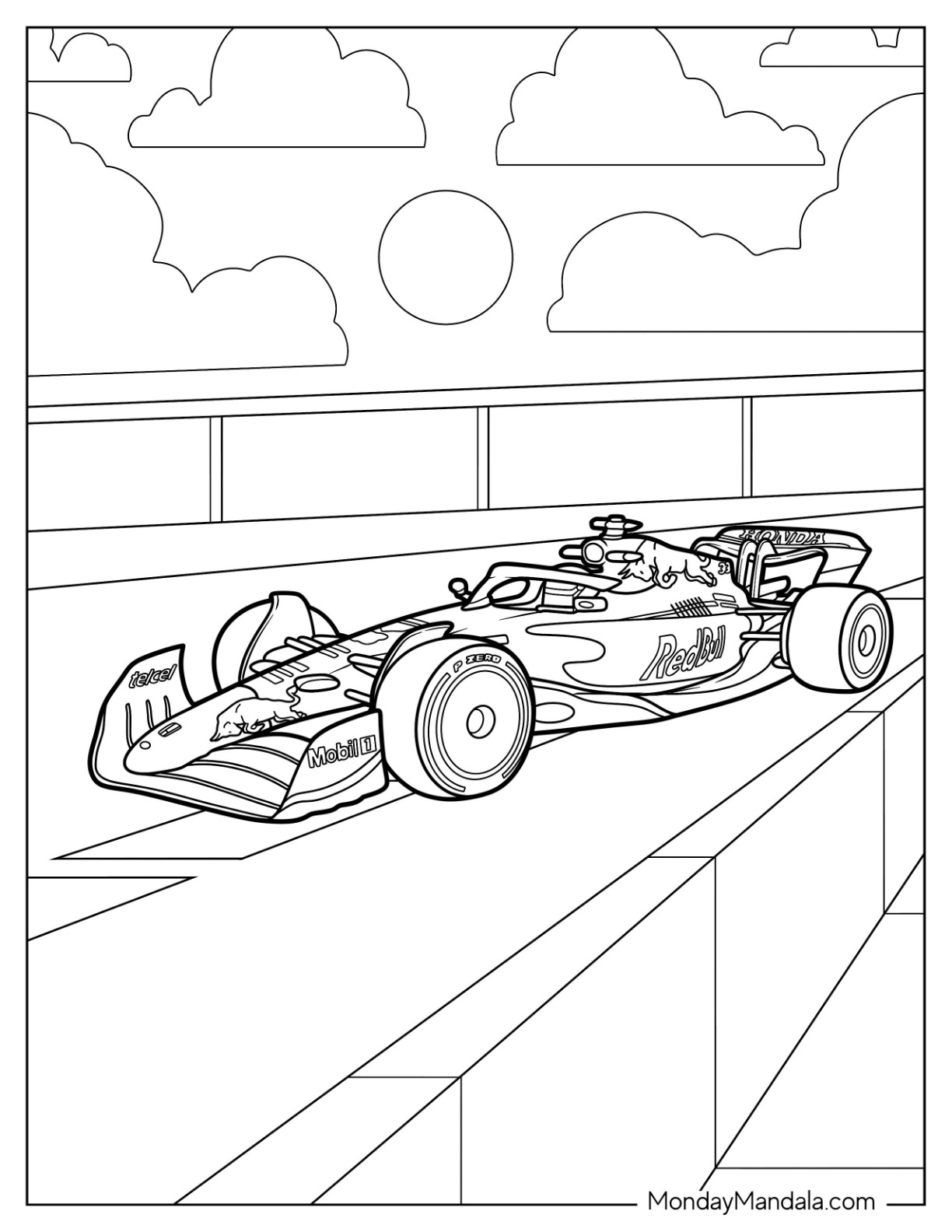 F1 Coloring Page Red Bull Racing RB18 On Race Track coloring page