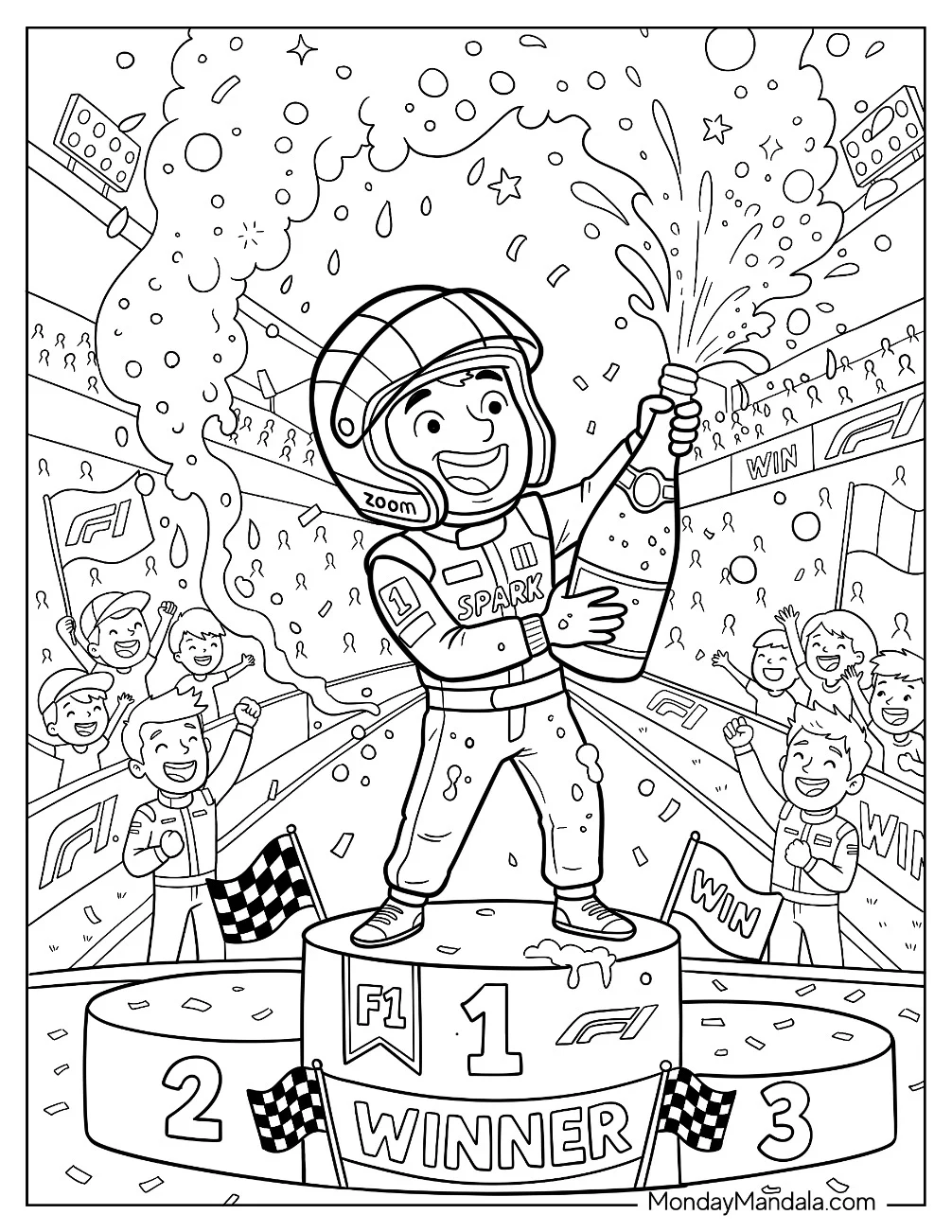 F1 Driver Celebrating with Confetti on the Winner Podium Coloring Page for Kids coloring page