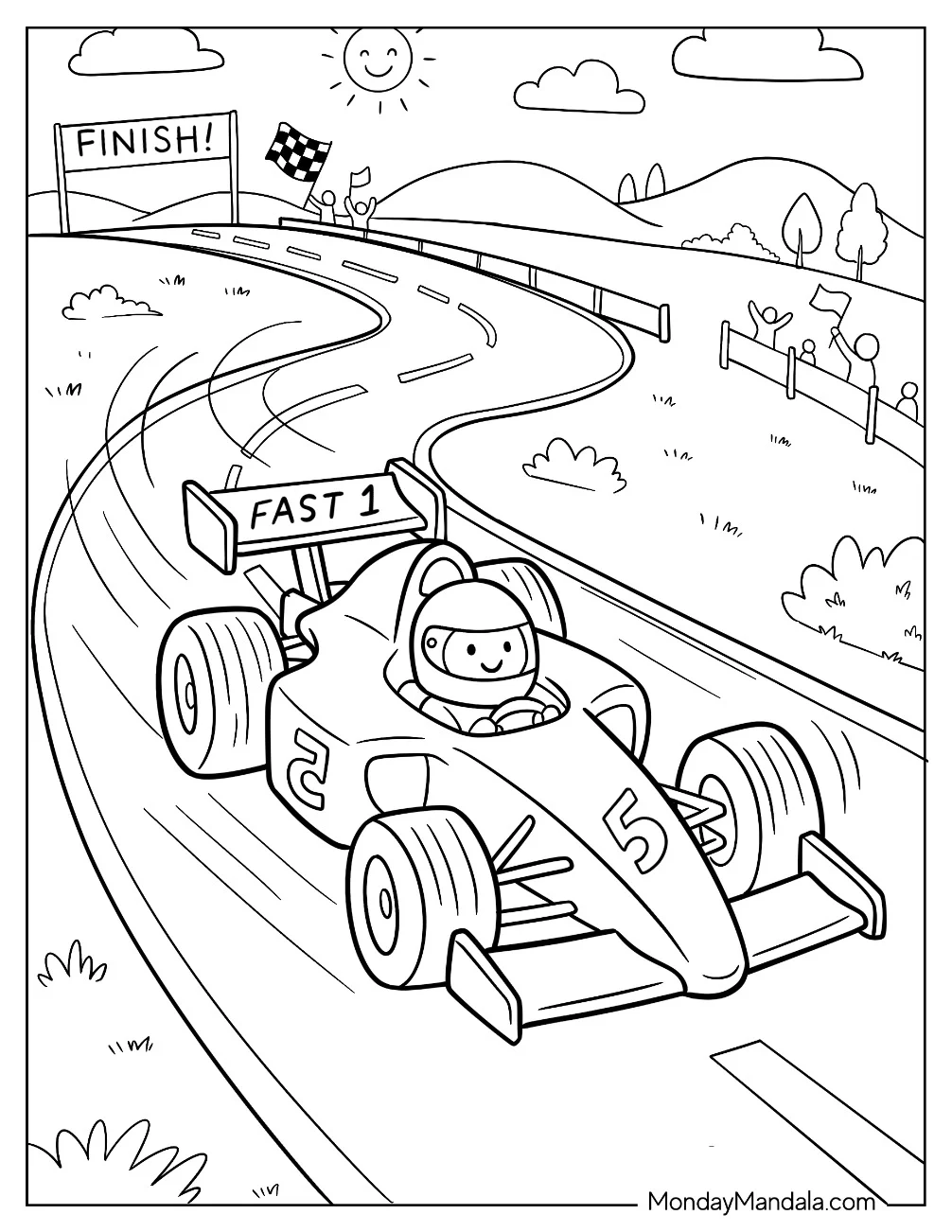F1 Race Car Driving Toward the Finish Line Coloring Page coloring page