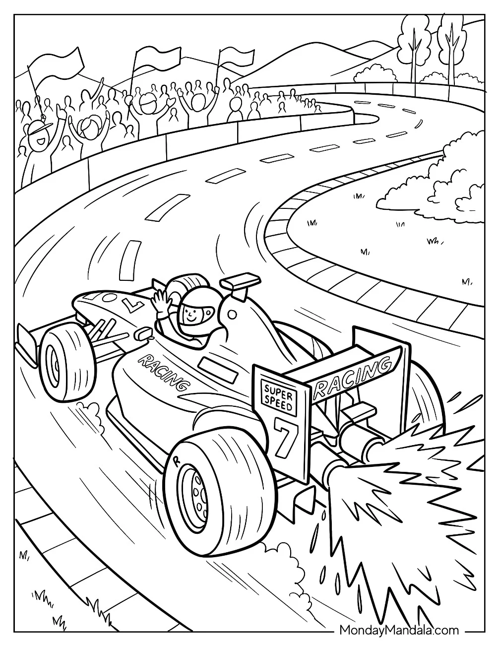 F1 Race Car Speeding Around a Track Coloring Page coloring page — printable line art
