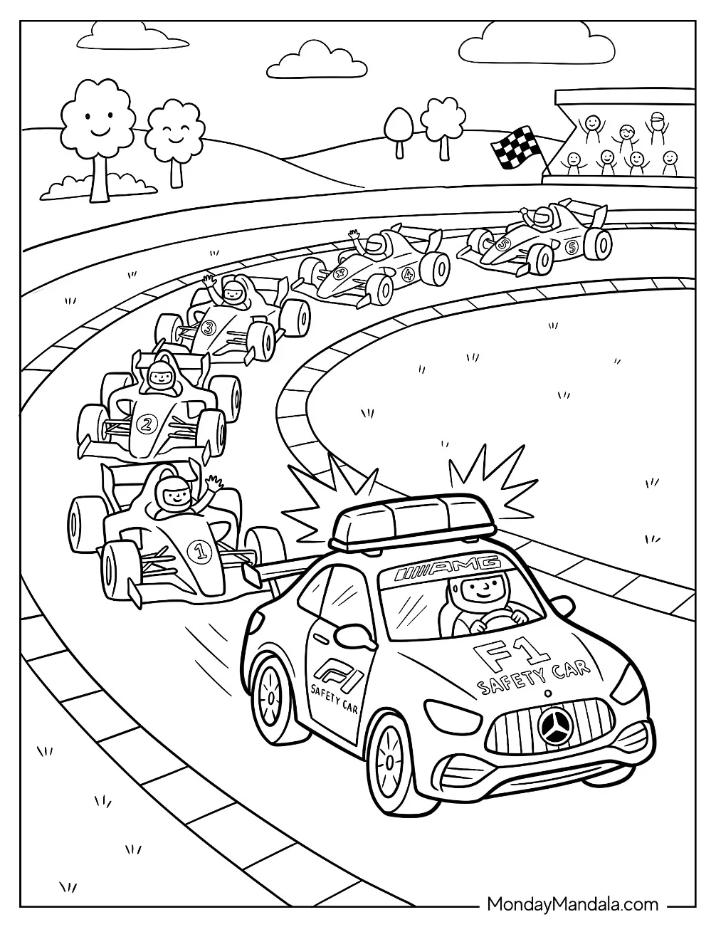 F1 Safety Car Leading Race Cars on the Track Coloring Page for Kids coloring page — printable line art