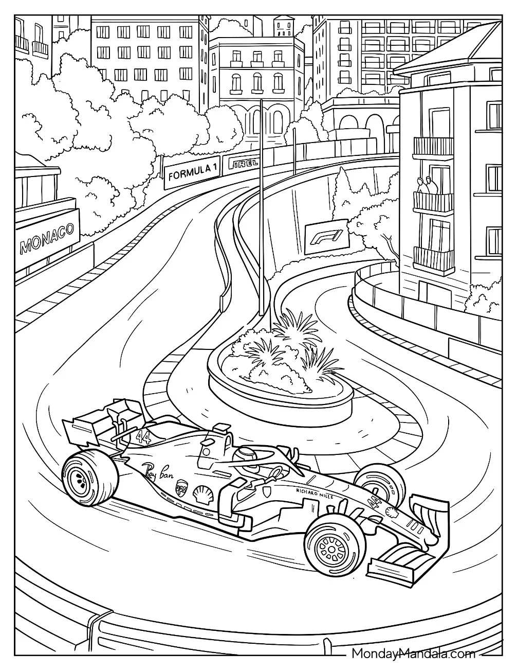 Formula 1 Car Racing Through Monaco Streets Coloring Sheet coloring page — printable line art