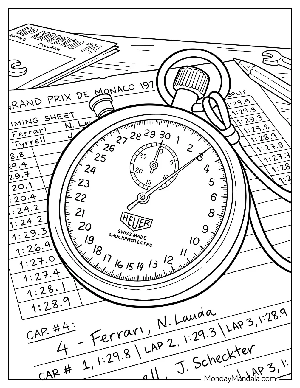 Formula 1 Stopwatch on Monaco Race Sheets Coloring Page coloring page