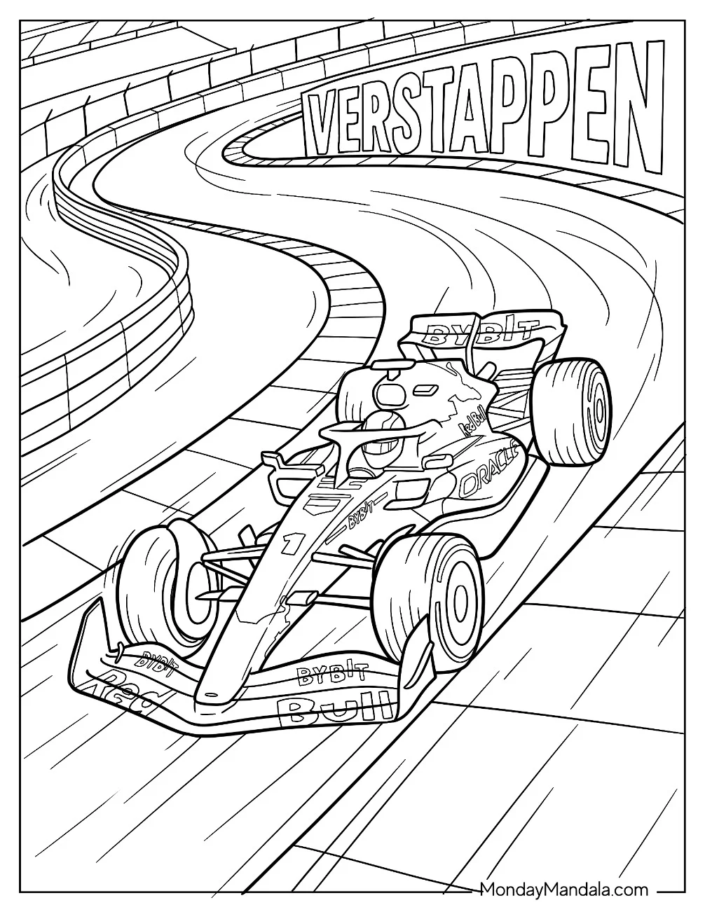 Max Verstappen Racing Around an F1 Track coloring page