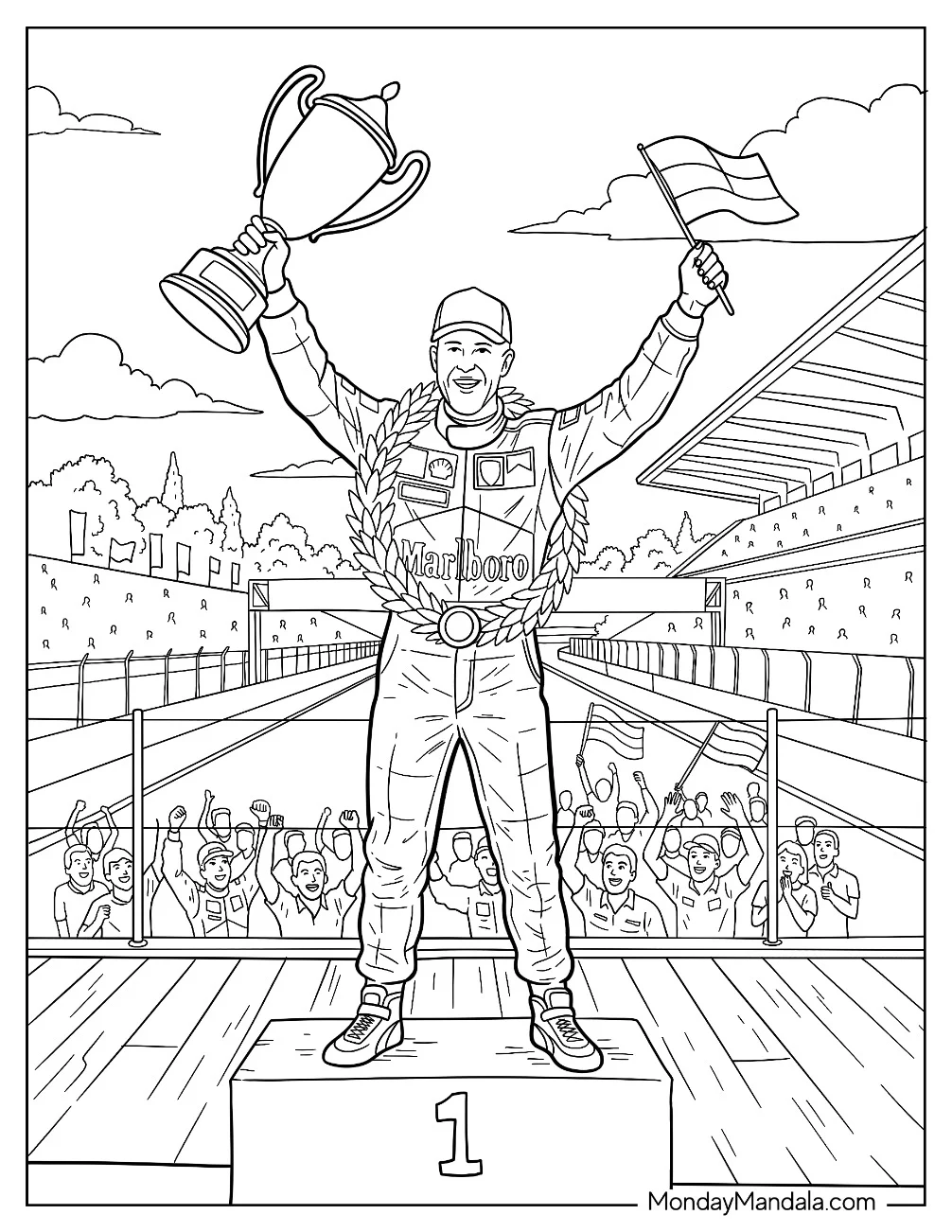 Niki Lauda Celebrating an F1 Victory Coloring Page coloring page