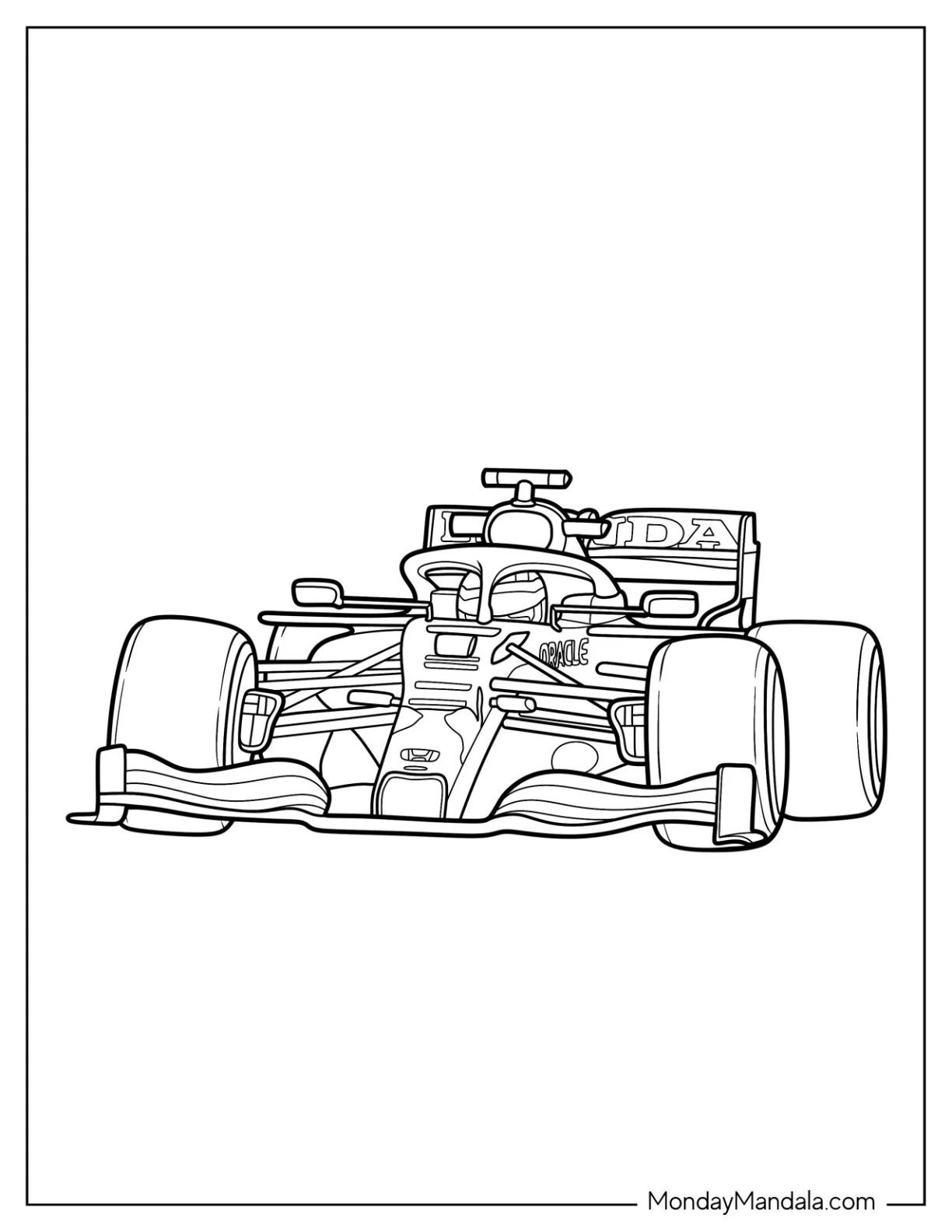 Simple F1 Coloring Page Red Bull Racing Car For Kids coloring page — printable line art