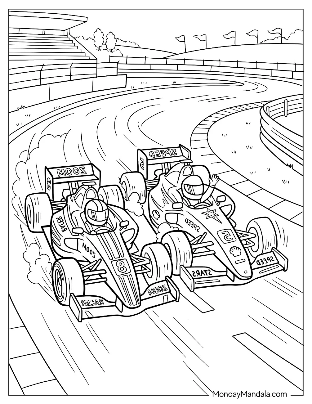 Two Formula 1 Cars Racing Side by Side Coloring Sheet coloring page