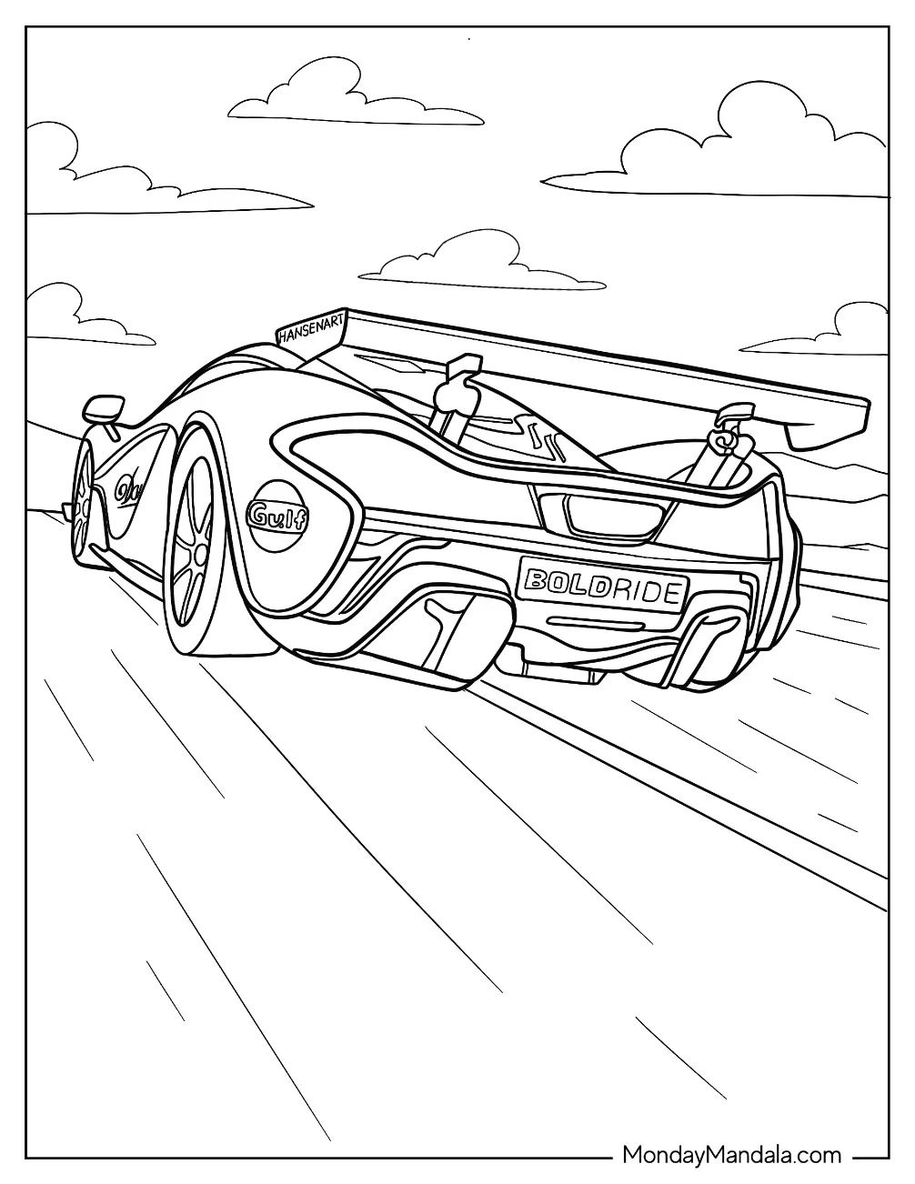 Detailed Rear View Of McLaren P1 GTR Coloring Page coloring page — printable line art