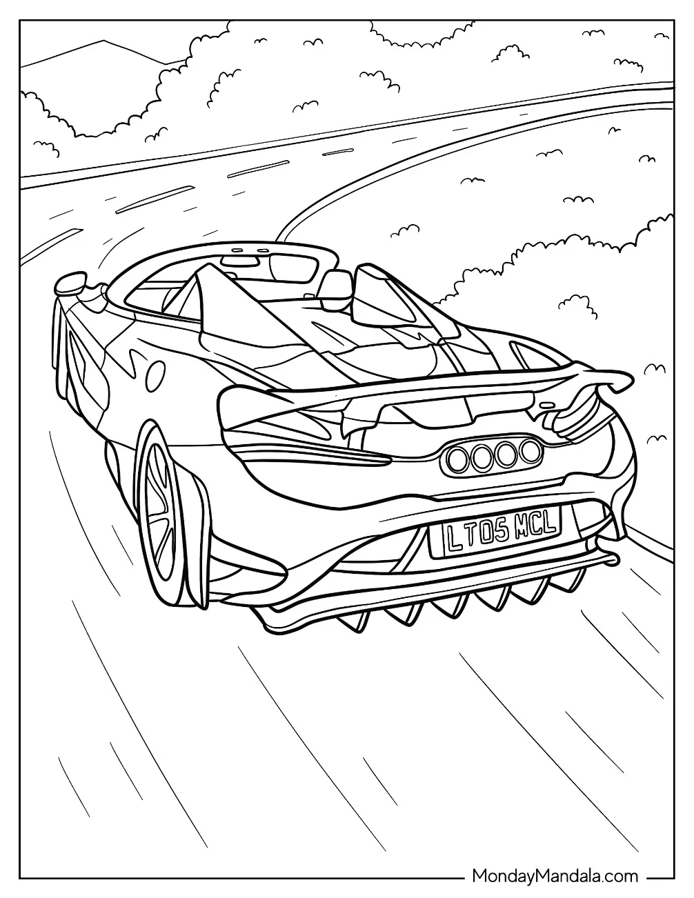 Realistic McLaren 765LT Speeding Coloring Page coloring page — printable line art