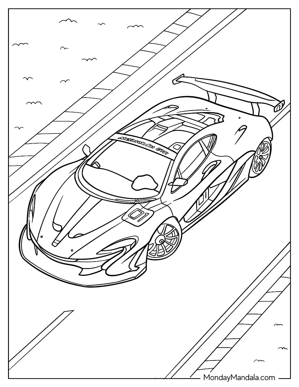 Top View McLaren P1 GTR Coloring Sheet coloring page — printable line art