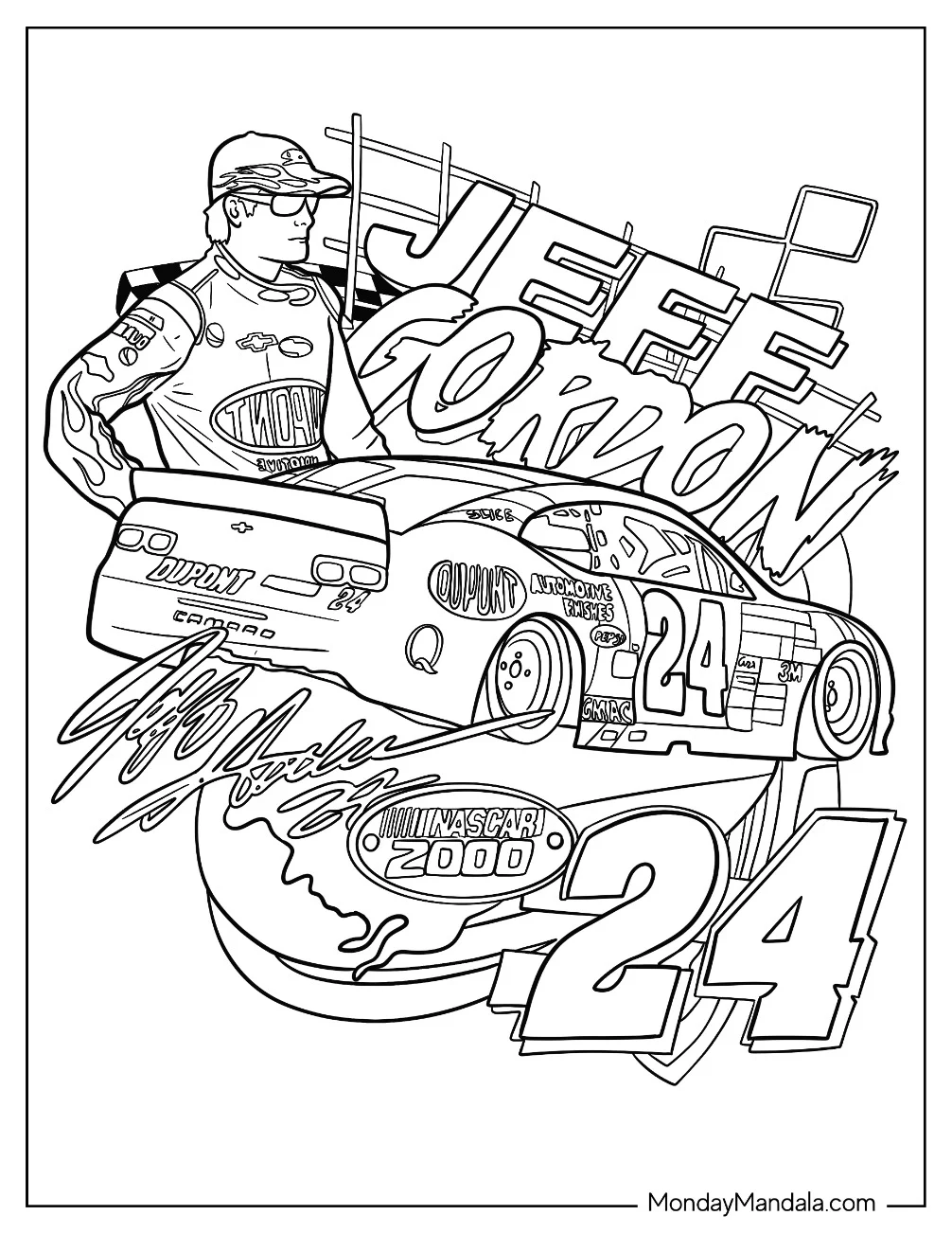 NASCAR Coloring Page Of Jeff Gordon DuPont Chevy Camaro Poster coloring page — printable line art