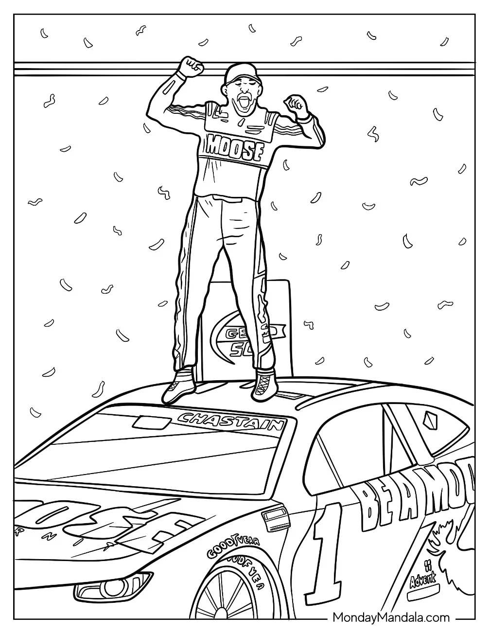 NASCAR Coloring Page Of Ross Chastain Celebrating On Top Of Car coloring page